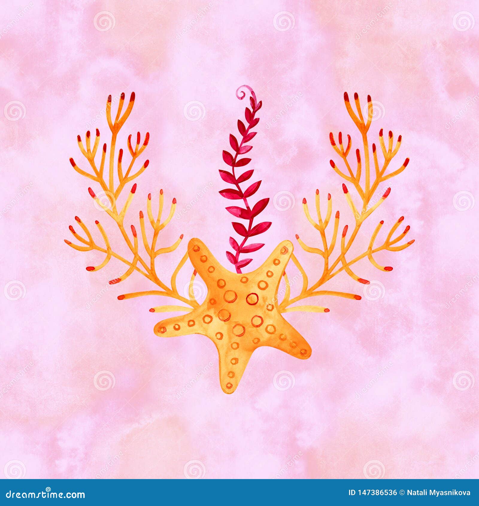 水下生命体的高品质水彩组合物有贝壳 珊瑚 石头 星星它可能库存例证 插画包括有生活 海洋