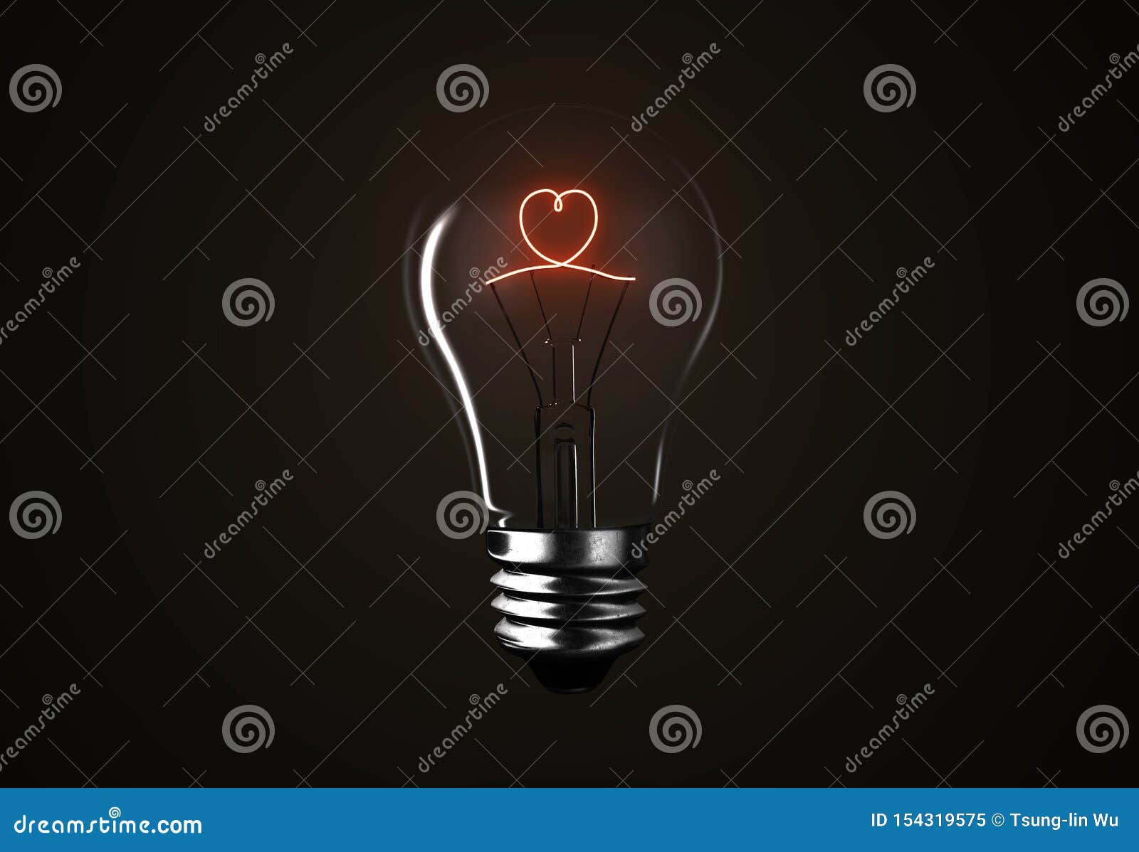 Lighting Bulb Lamp Heart Shape on Black Background, 3D Rendering