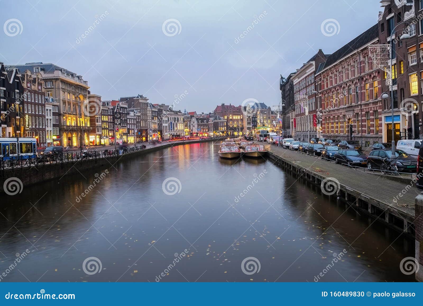 Illuminated Amsterdam Canals View,touristic Boats and Traditional ...