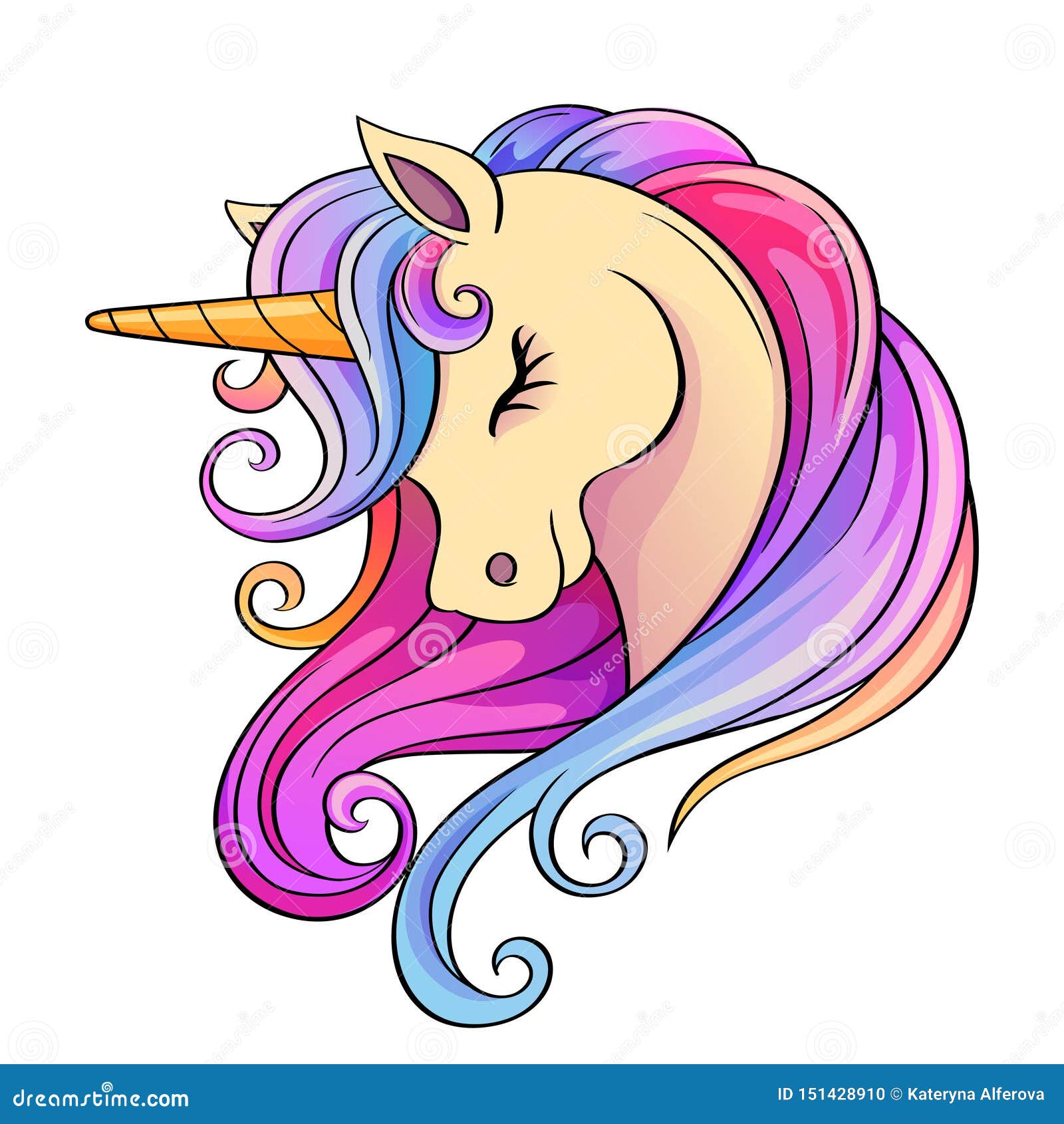 Cute Cartoon Unicorn Head with Rainbow Mane Ilustração do Vetor