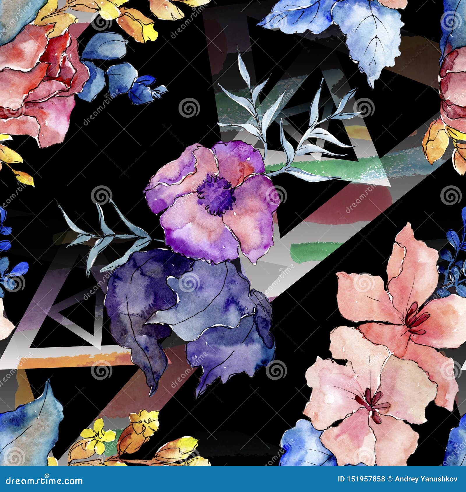 花束植物花水彩背景插图集无缝背景模式库存例证 插画包括有