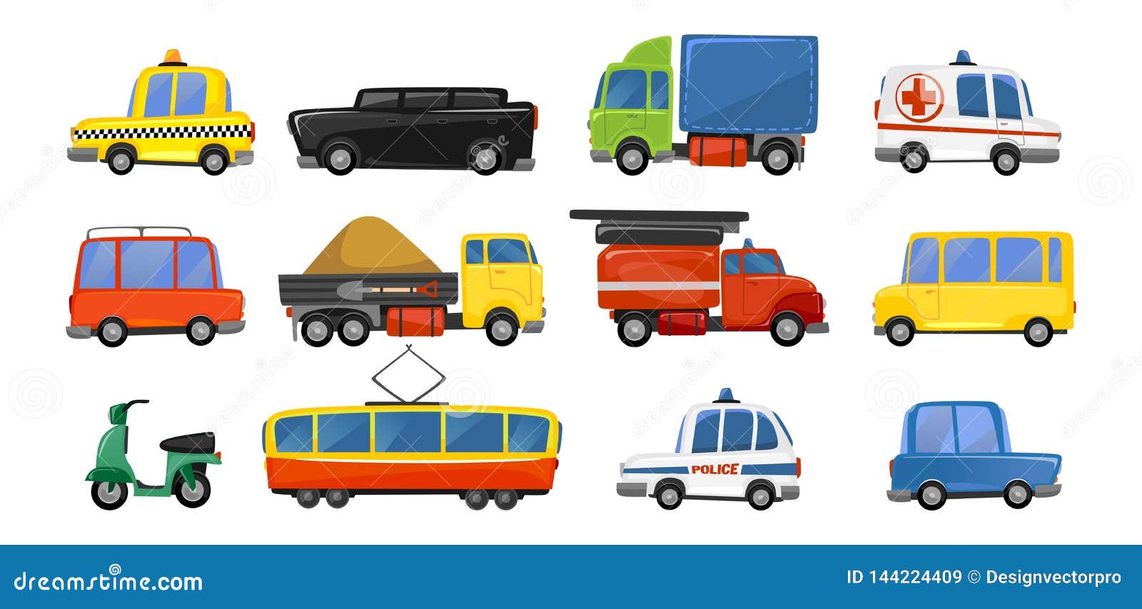 Carros, motos, van e ônibus. estilo dos desenhos animados, para