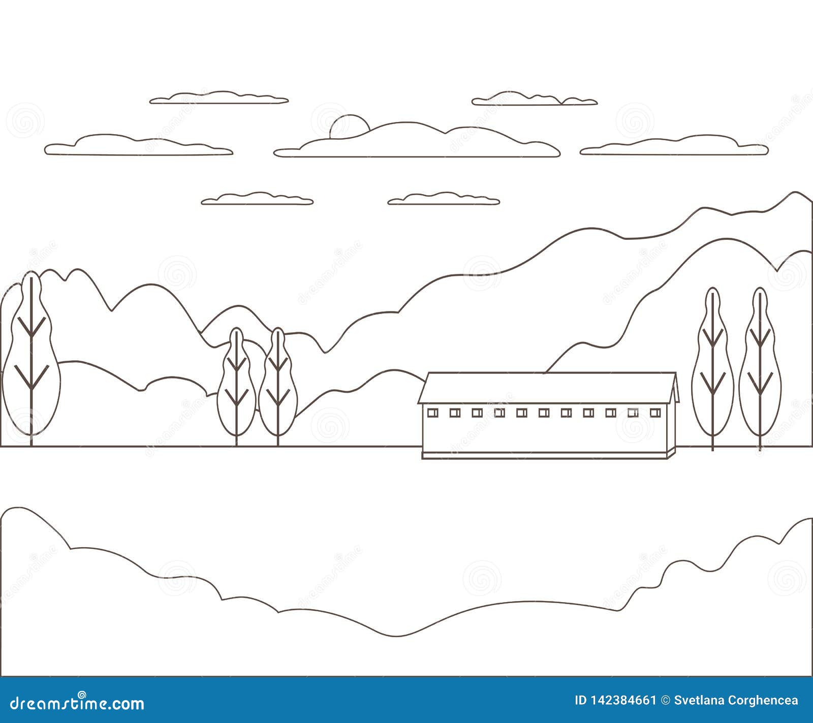 Αγροτικό αγρόκτημα με λεπτό περίγραμμα Σχεδίαση χωριού από το Πανόραμα, μοντέρνο με βουνό, λόφο, δέντρο, ουρανό, σύννεφο και ήλιο Εικόνα γραμμικού διανύσματος με άκαμπτο φόντο