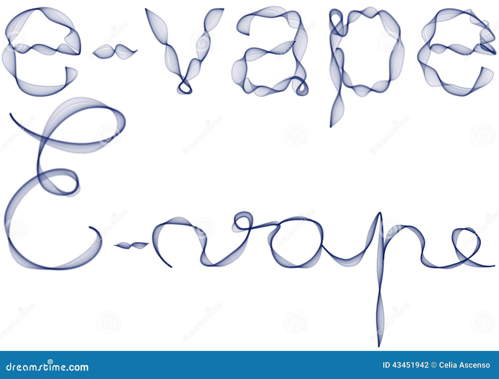 E-vape ord i blåttrök. Uppsättningen av bokstäver som stavar e-vapeordet som använder blått, röker Typhandstil- och handhandstilexempel