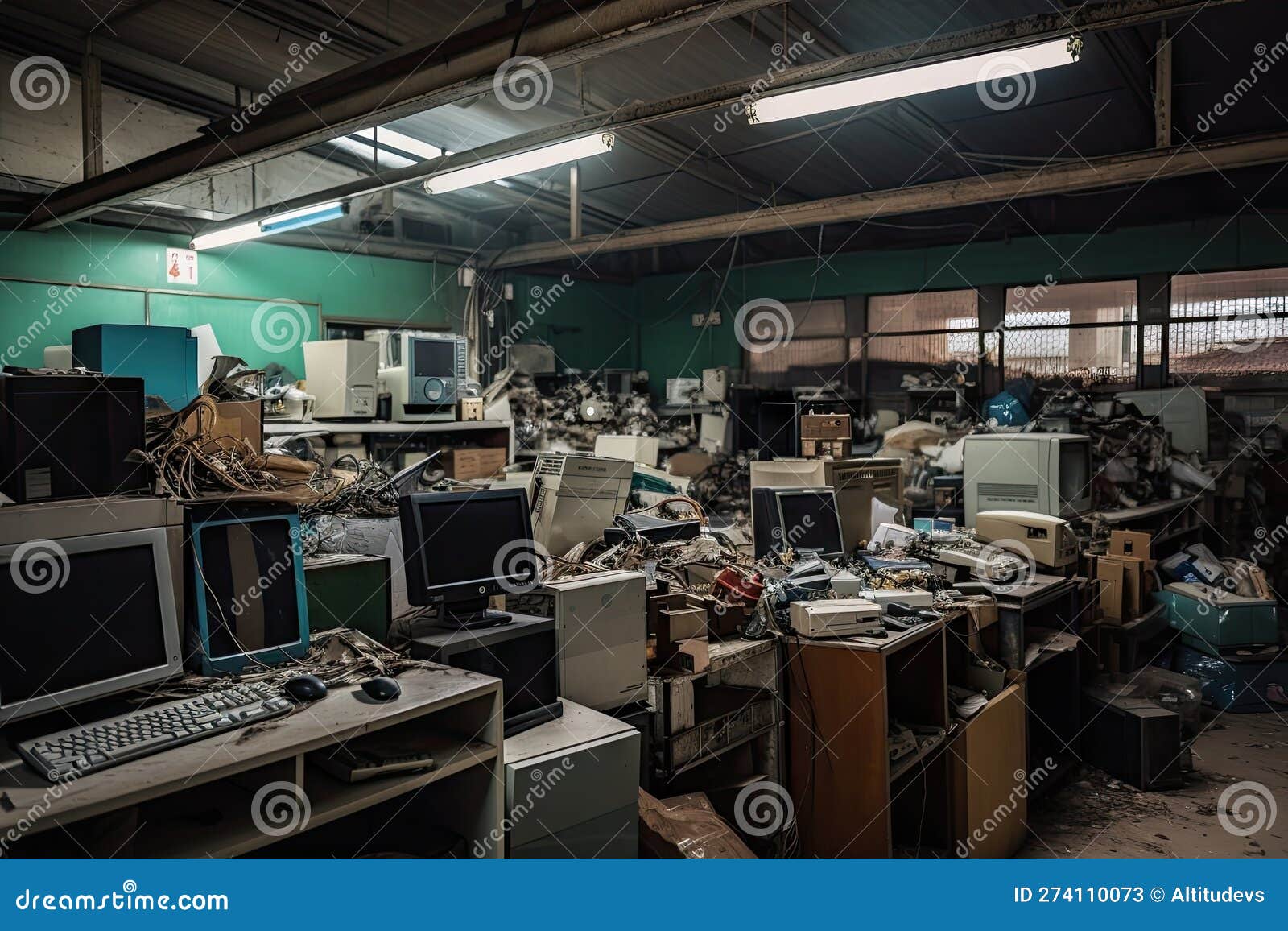 e-waste recycling center, where devices are sorted, dismantled, and recycled