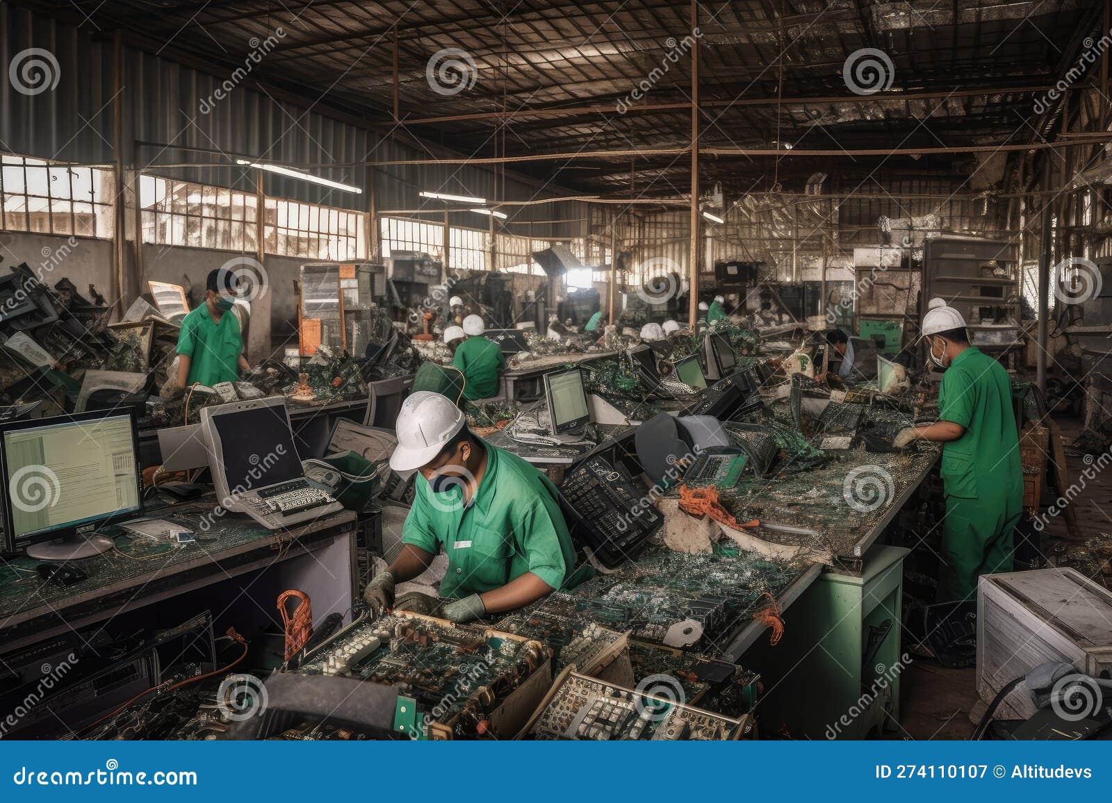 Ewaste Recycling Plant, with Workers Sorting and Dismantling Used