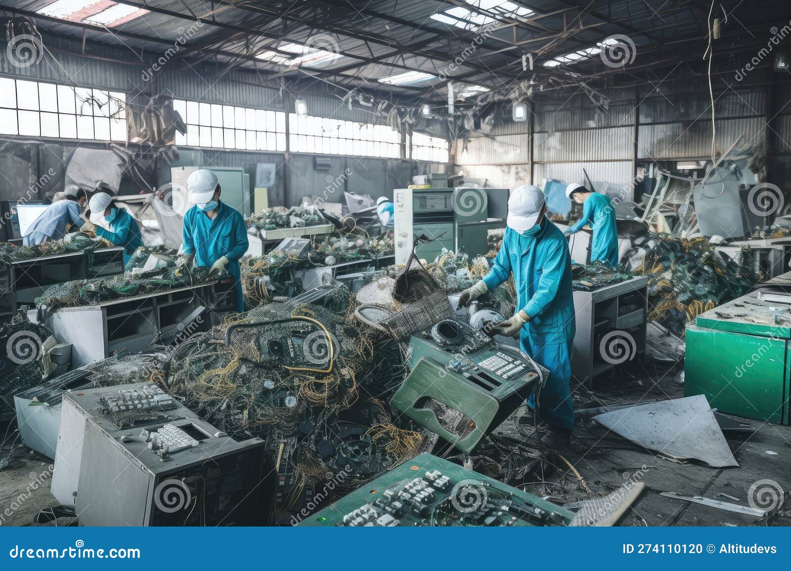 Ewaste Recycling Plant, with Workers Sorting and Dismantling Used