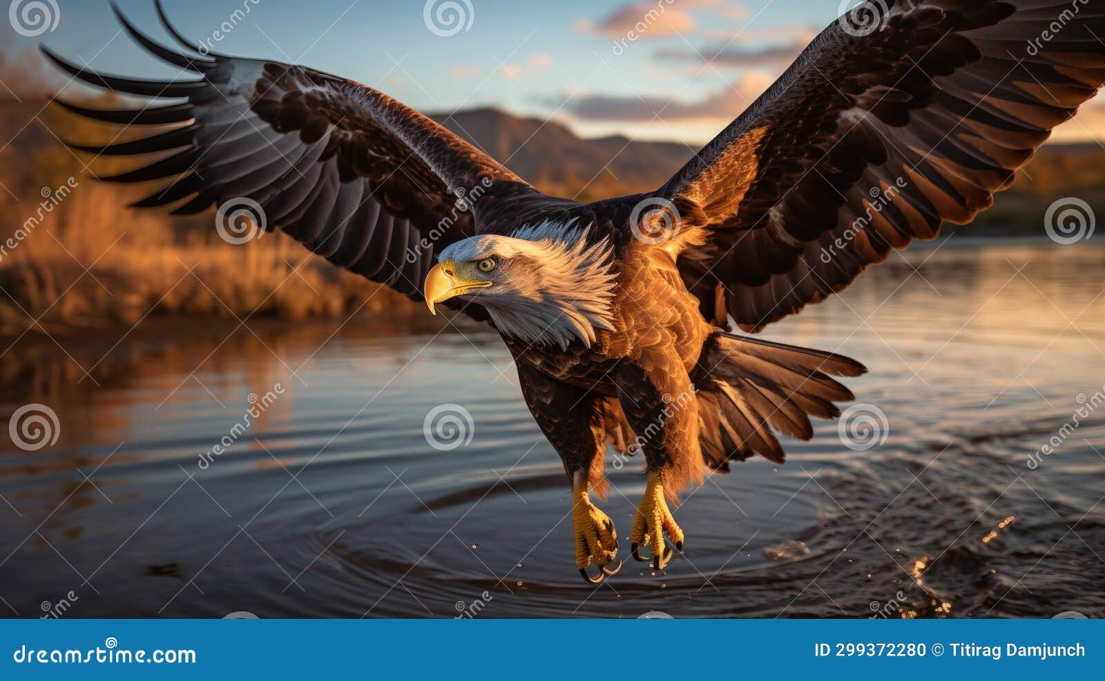 eagle bird flying at nature lake on sunset sky background. aninmal and freedom concept. generative ai