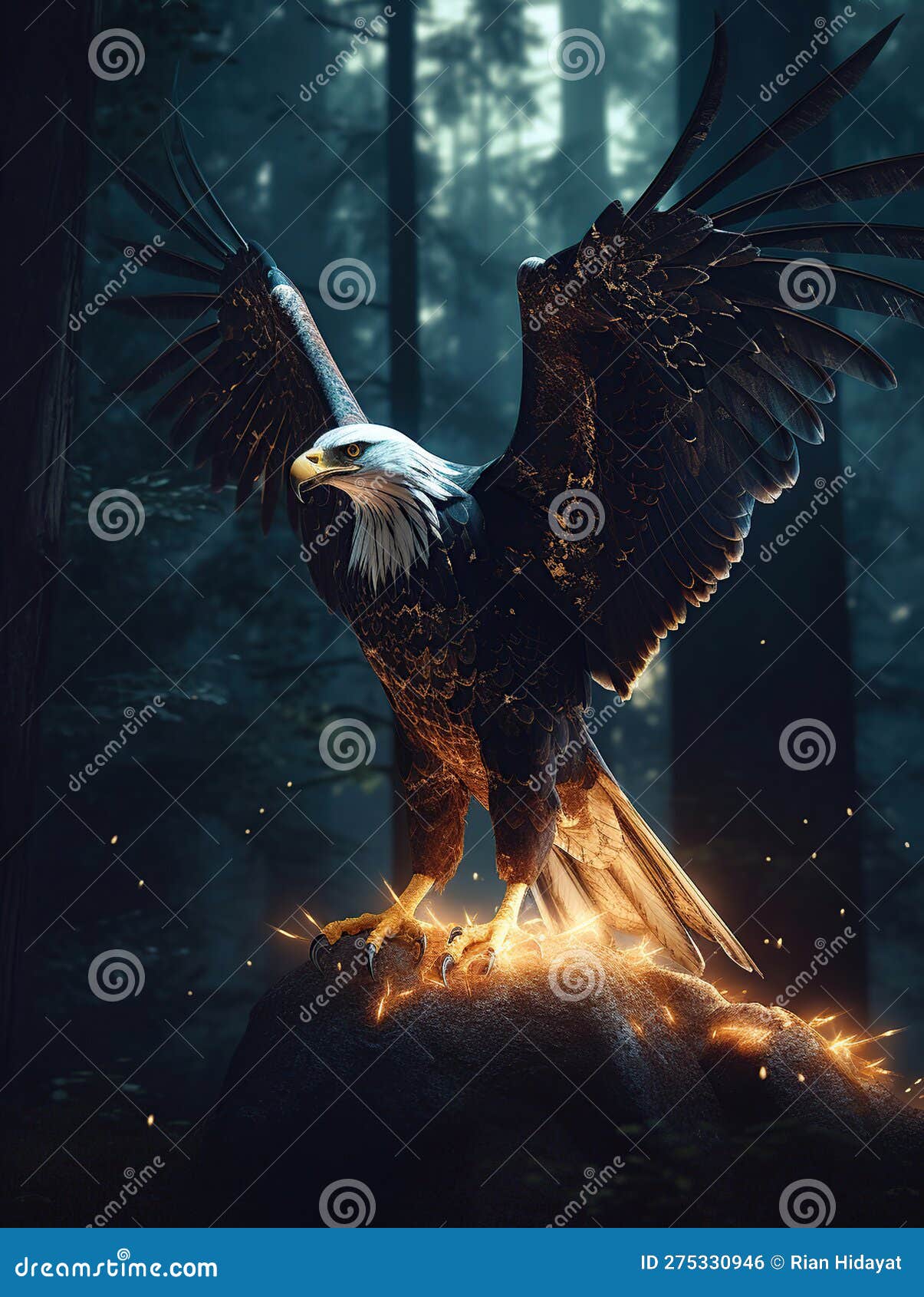 Eagle in a Dark Ominous Forest, Magic Glow and Shine, Generative Ai