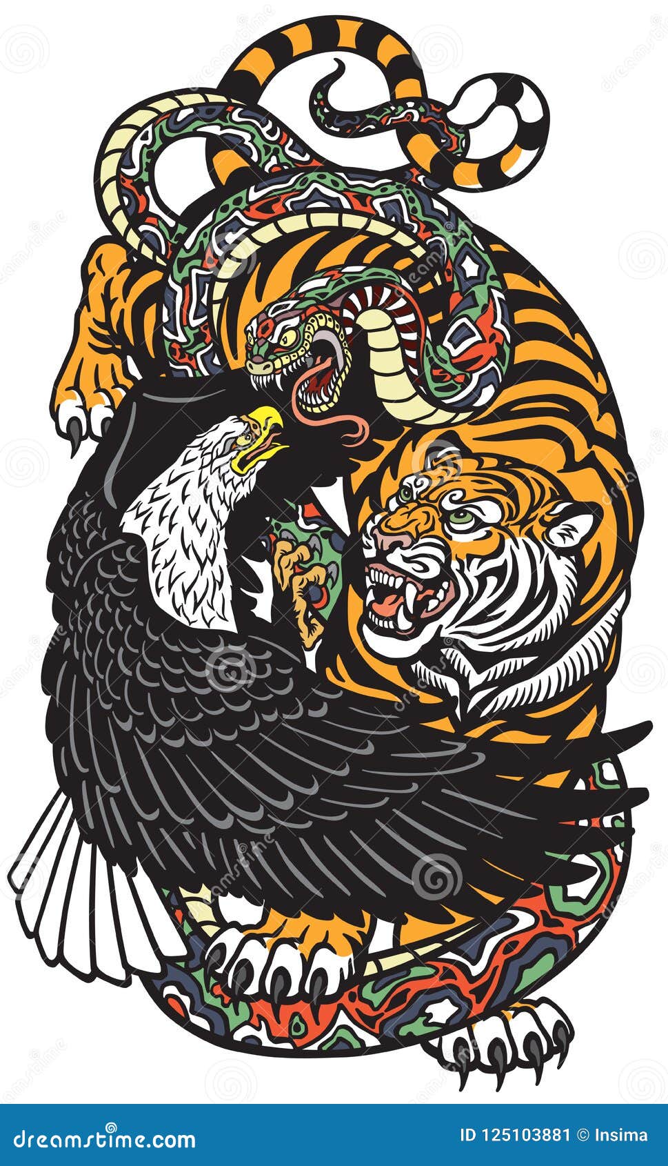 Eagle Snake and Tiger Tattoo Illustration Stock Vector - Illustration of  fighting, east: 125103881