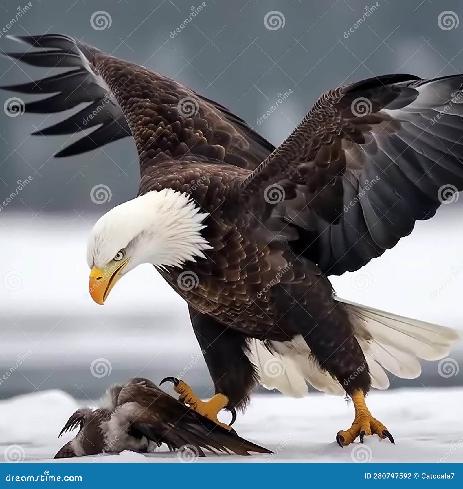 Eagle on a Snow-covered Ground Tears with Its Claws and Eats Its
