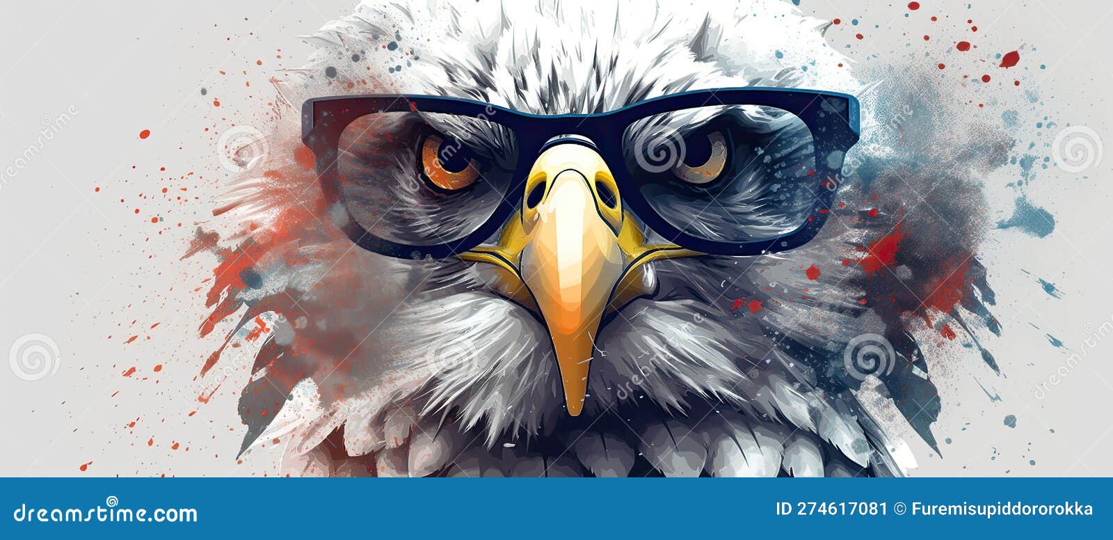 Eagle in Sunglasses Realistic Flag Background with Paint Splatter