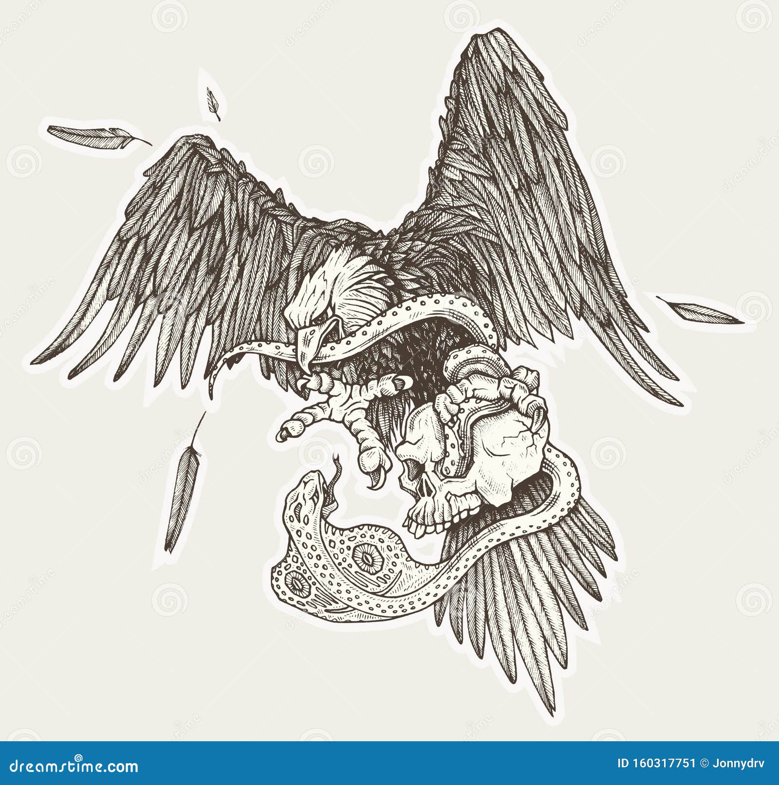 Eagle Vs Snake In Skull In Vector Hand Drawn Illustration