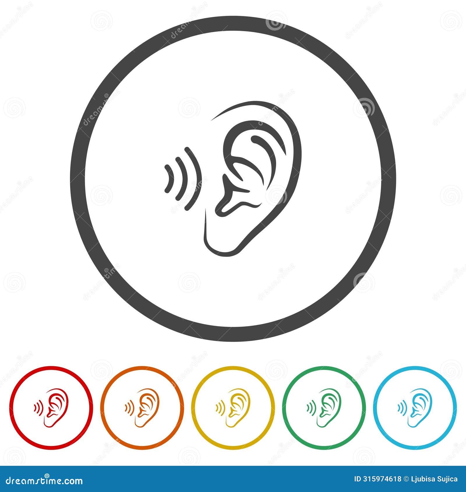 ear icon, hearing icon. set icons in color circle buttons
