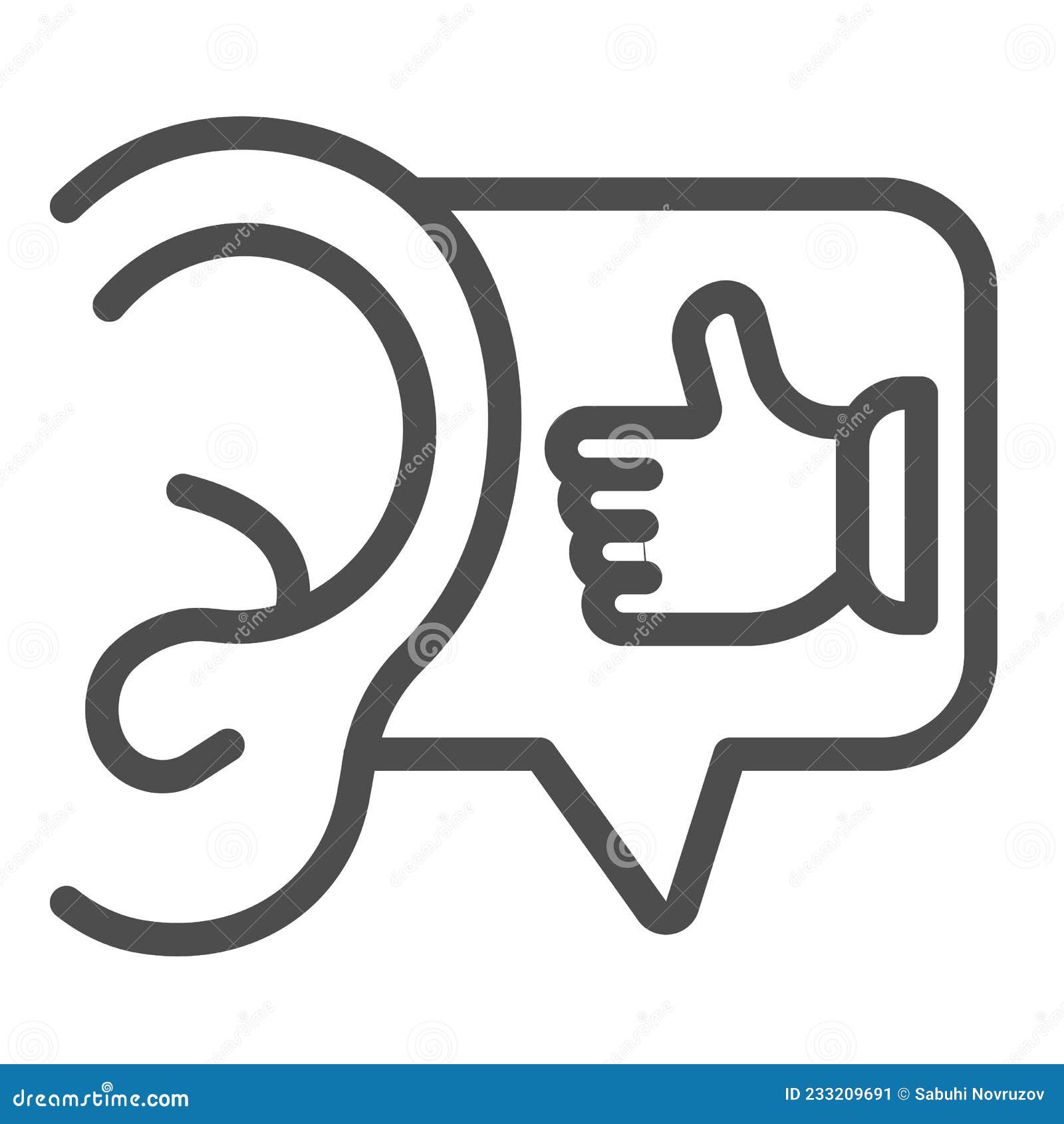 ear with thumb up finger, hearing cool compliment line icon, date concept, flatter  sign on white background