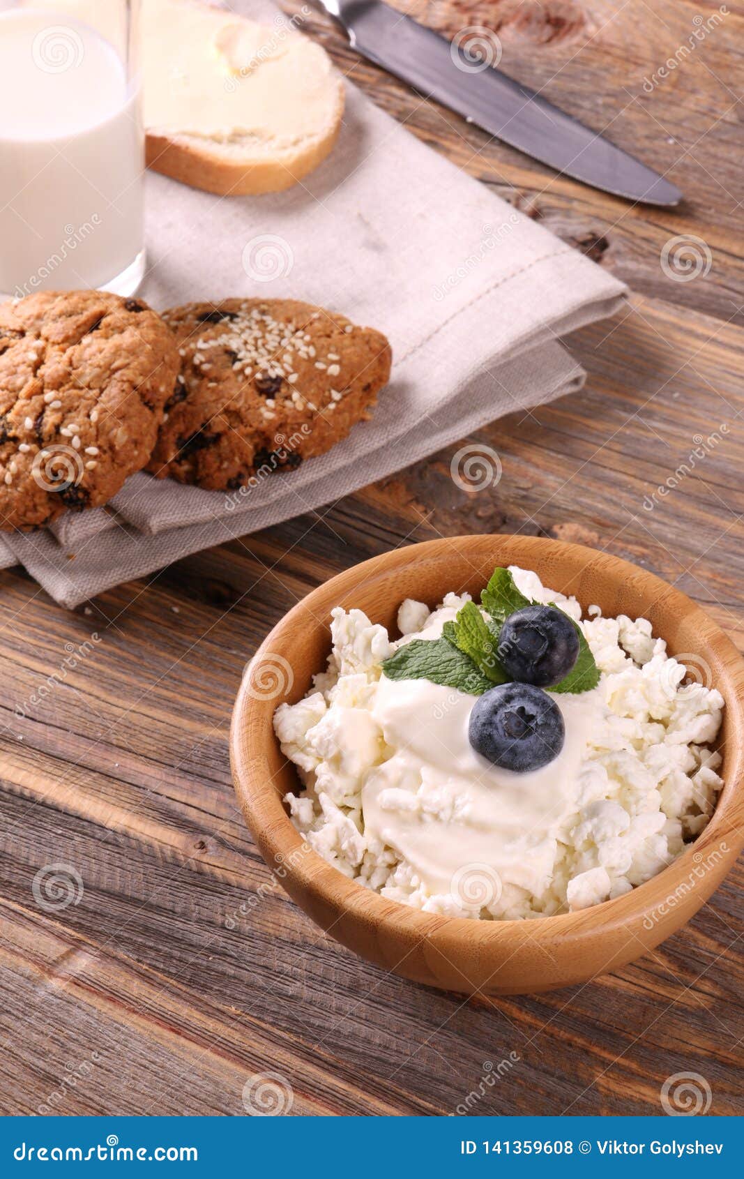 Early Breakfast - Cattage Cheese Stock Photo - Image of black