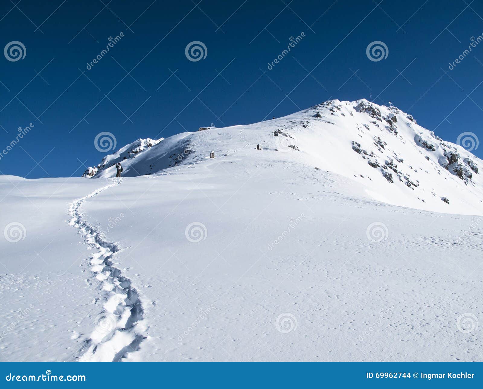 Freeride ski and snowboard tracks in powder snow Stock Photo by salajean