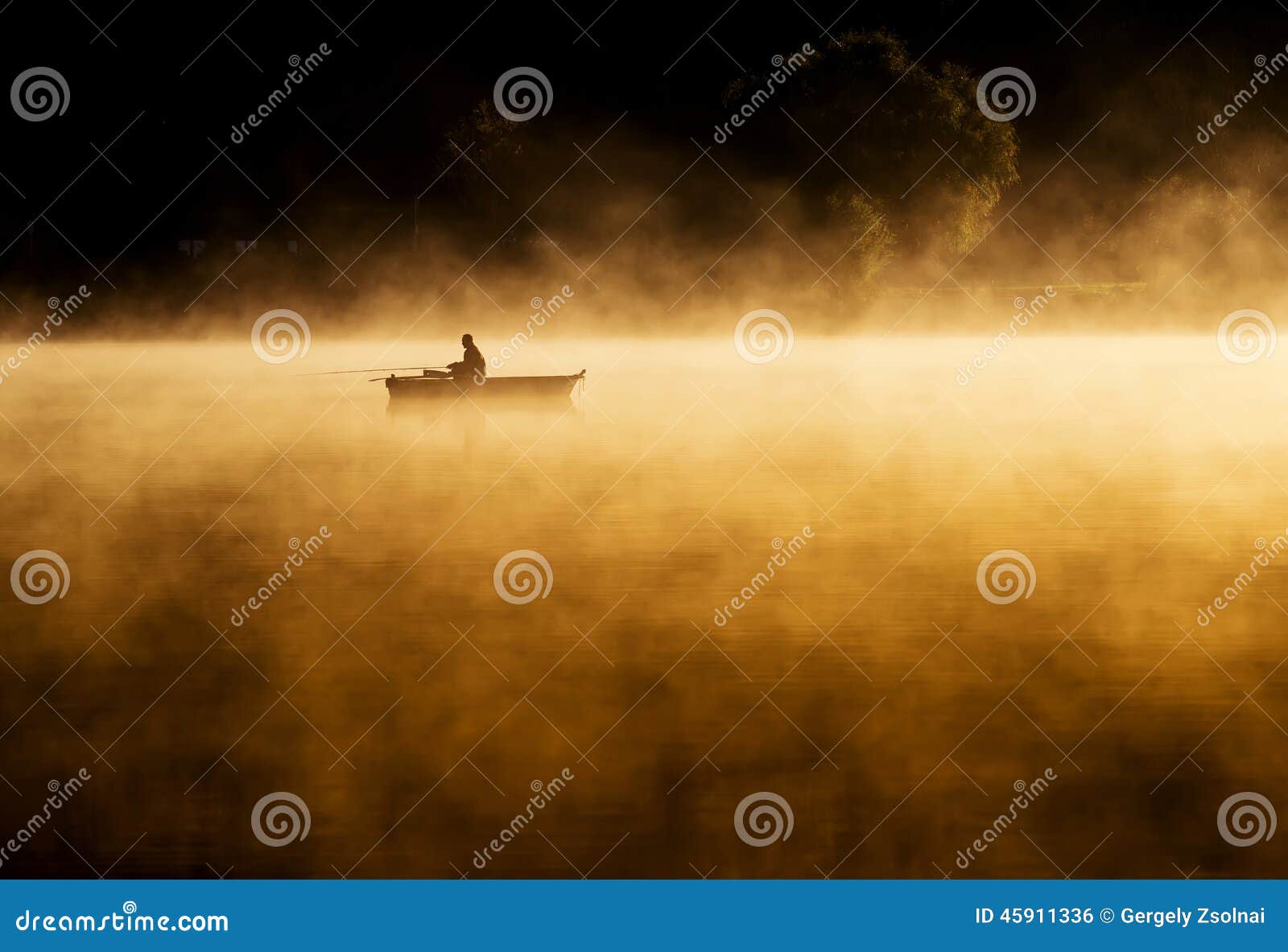 early morning sunrise, boating on the lake in a huge fog