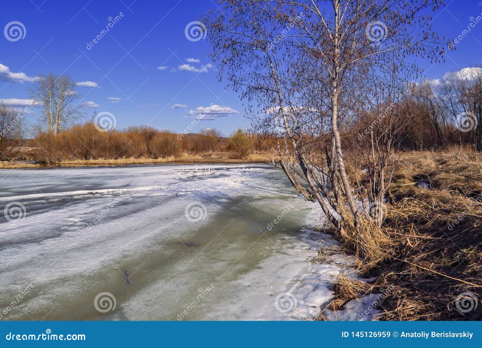 Early Spring Landscape Melts Ice on a Small River at the Edge of the