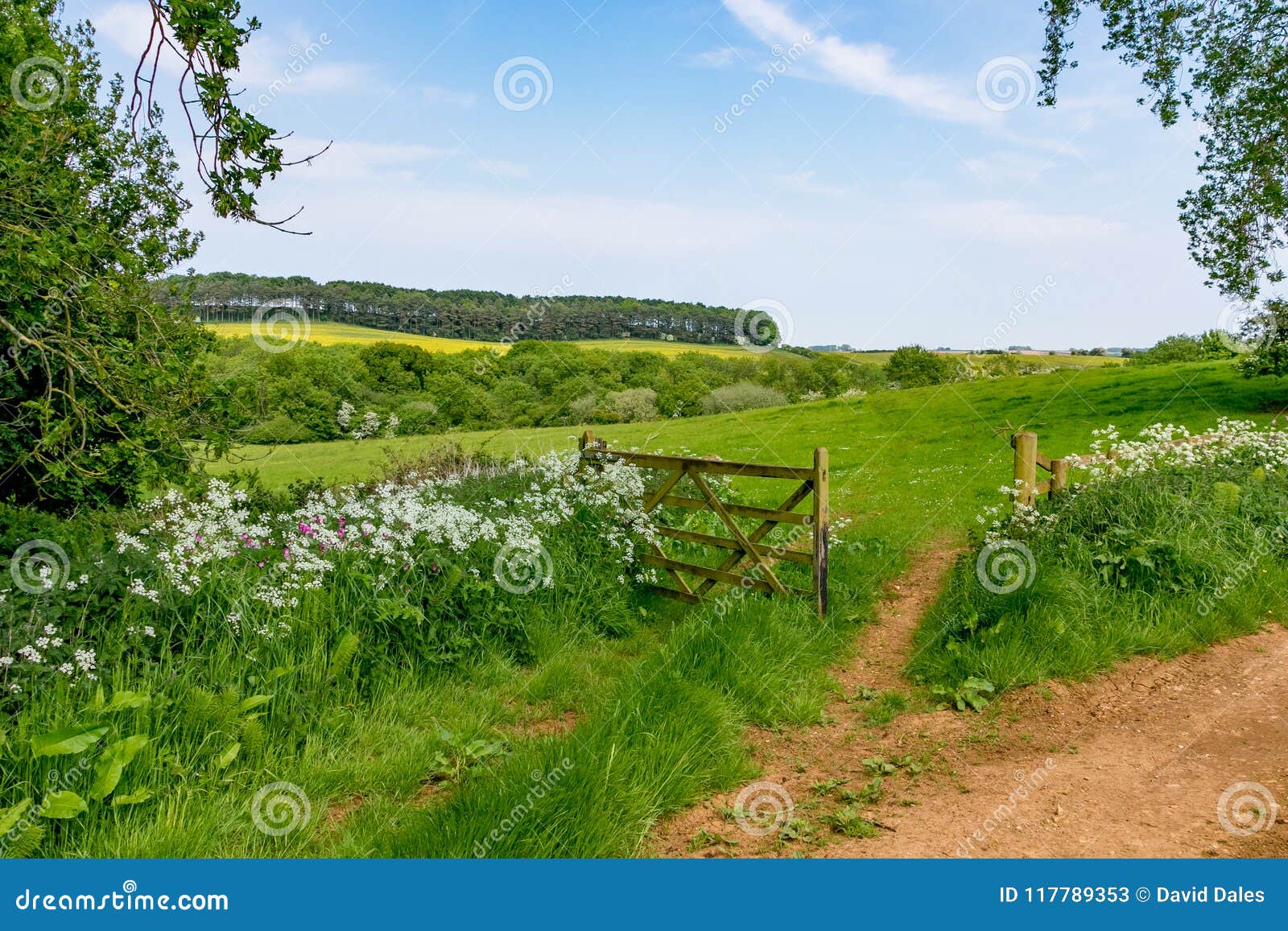 an open gate to a view of rolling english countryside