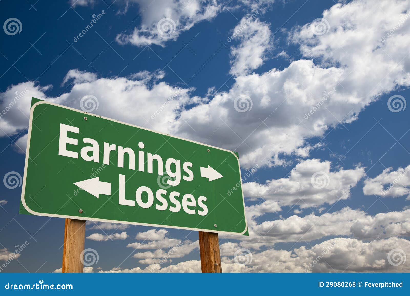 earnings, losses green road sign over clouds