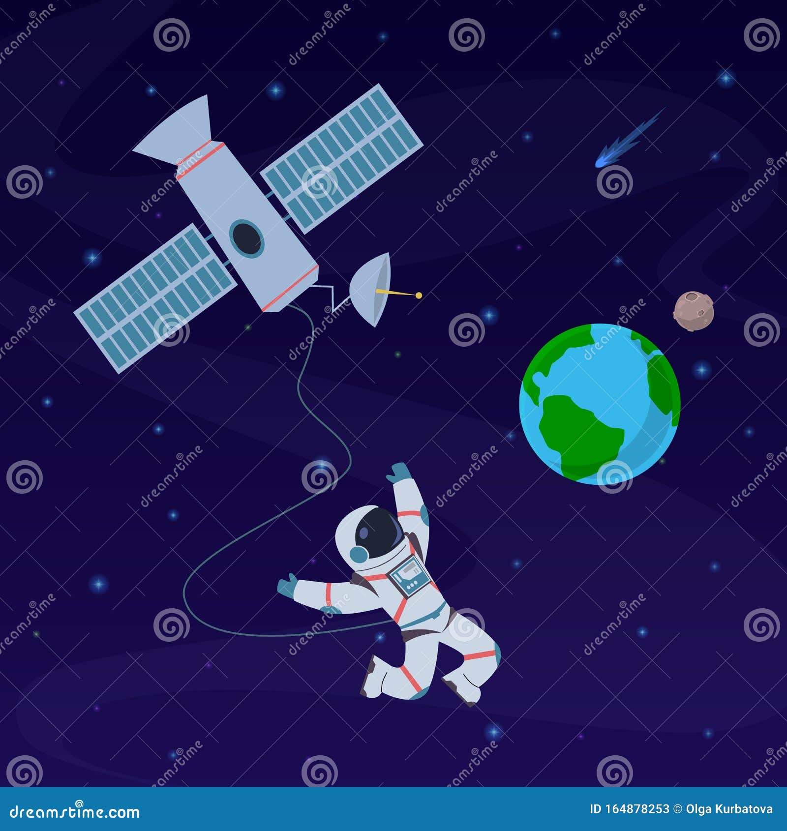 earth with astronaut. cosmonaut floating in stratosphere near earth planet, spaceship. spacewalk explore at orbital