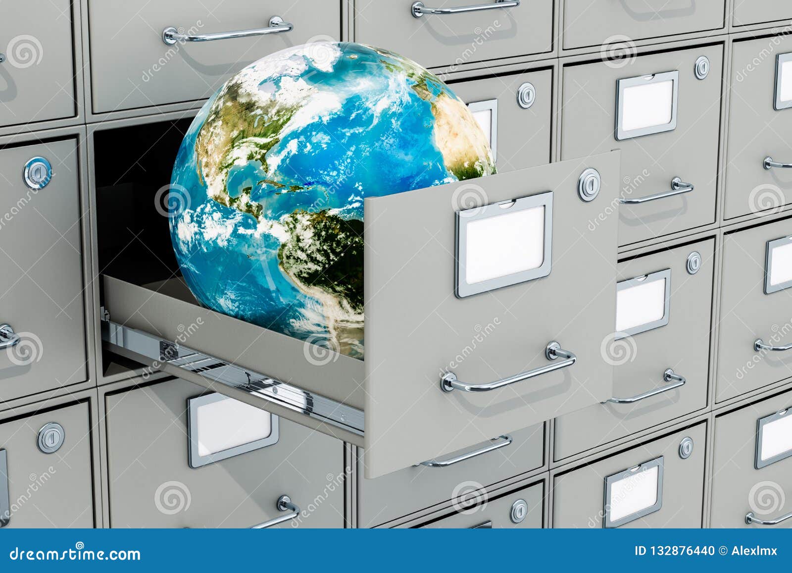 Earth Globe In Filing Cabinet Global Data Storage 3d Rendering