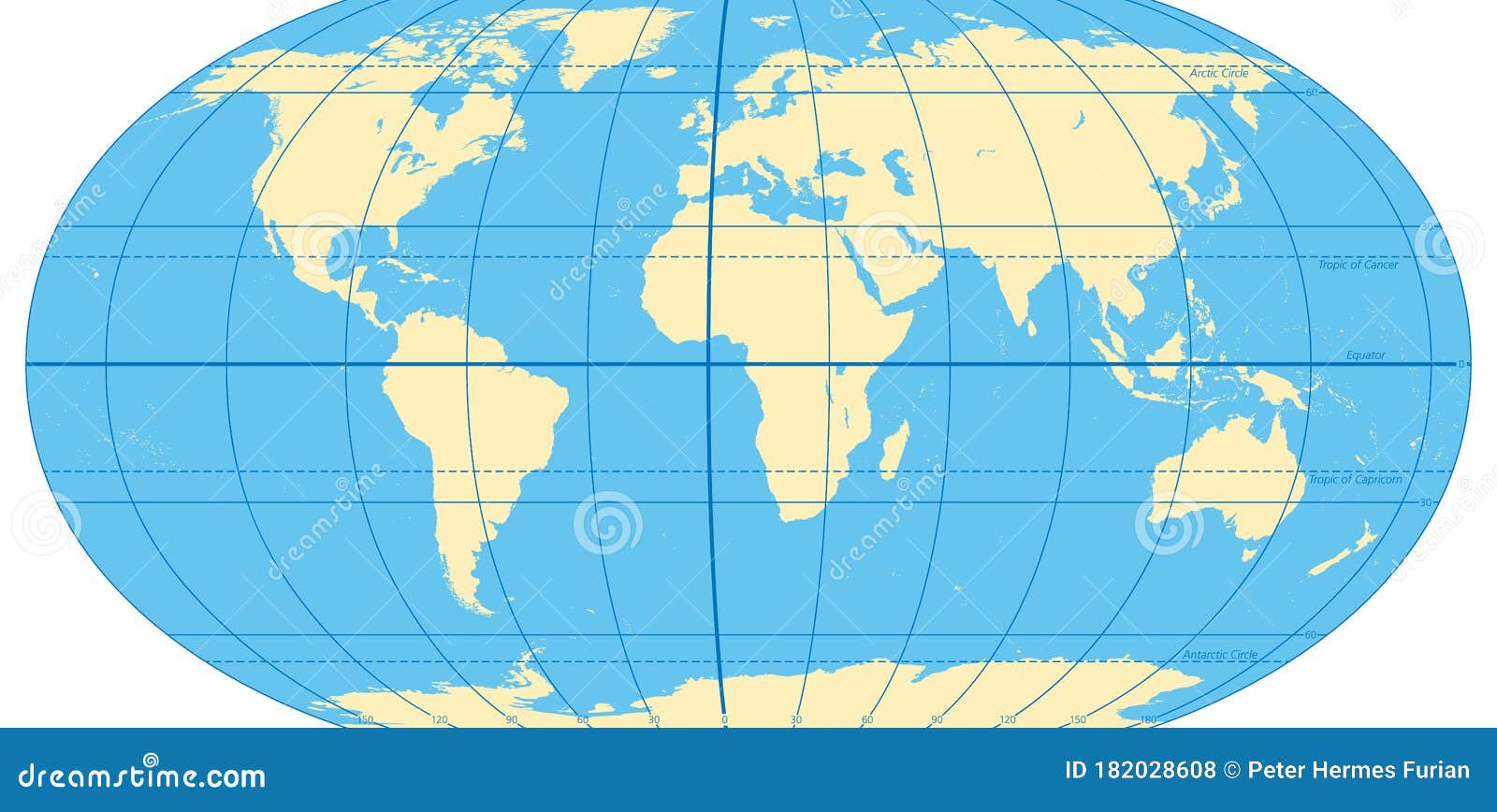 world map with most important circles of latitudes and longitudes