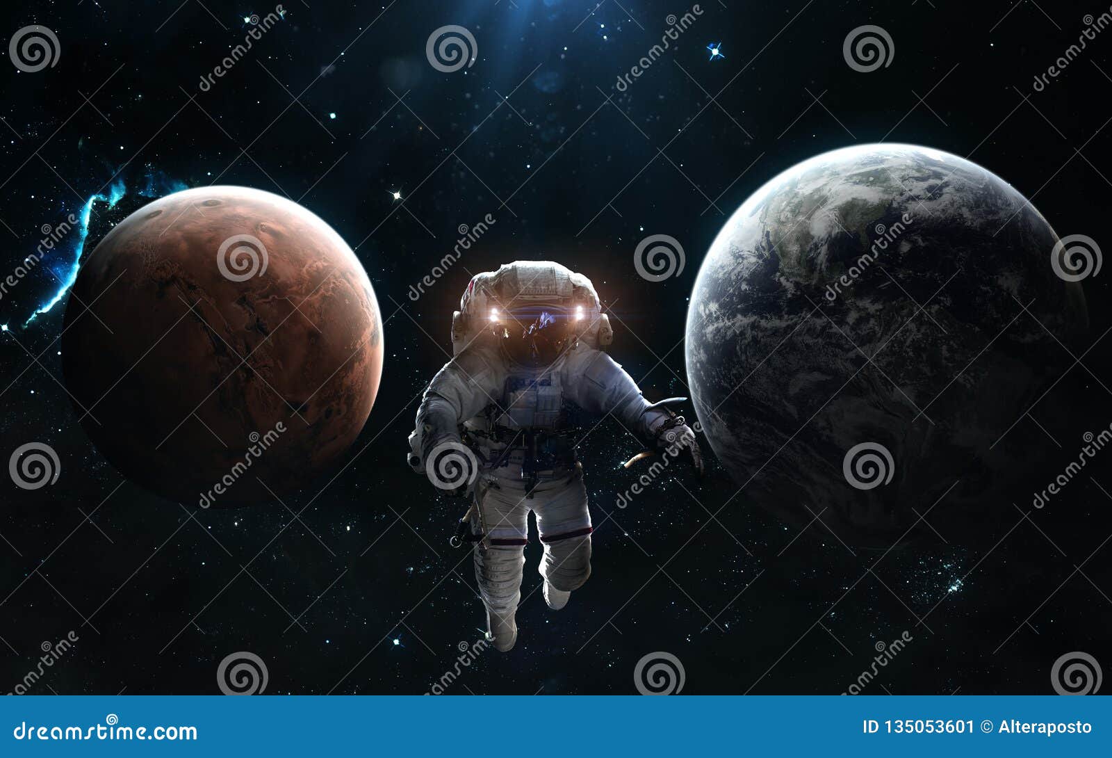 Earth And Mars Solar System Astronaut On Background Of The Planets