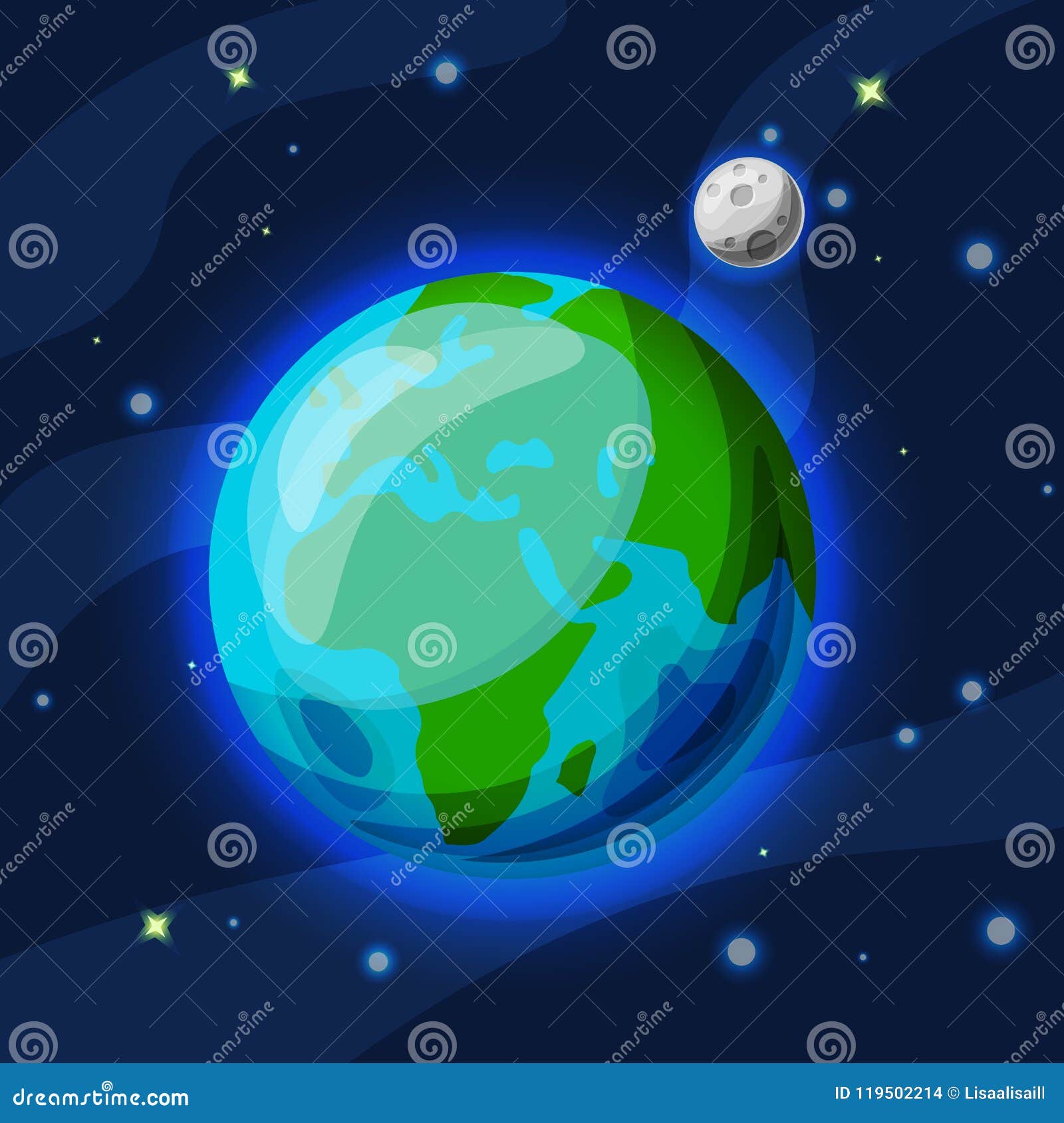 Earth With Moon Vector Cartoon And Flat Illustration. Green And Blue