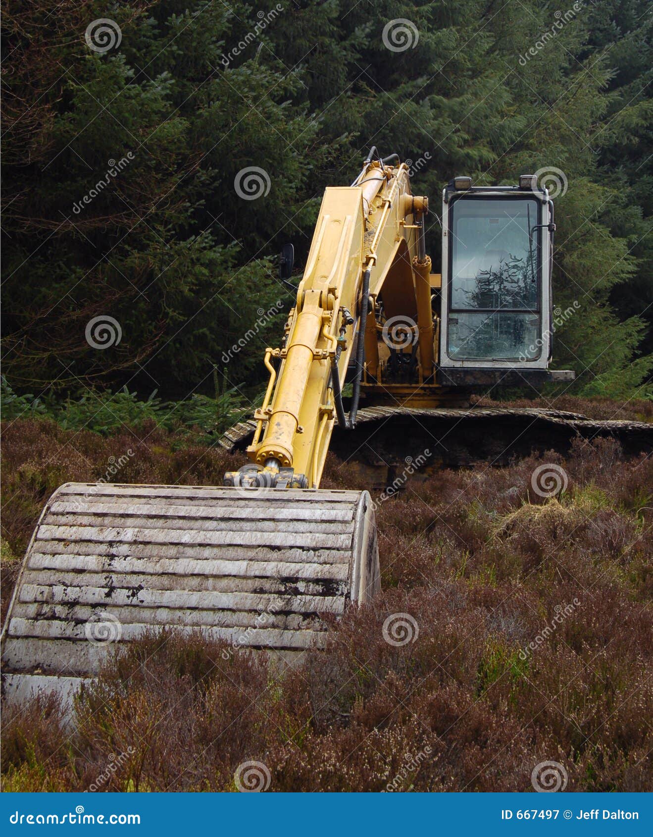 Earth mover sitting idle in the forest