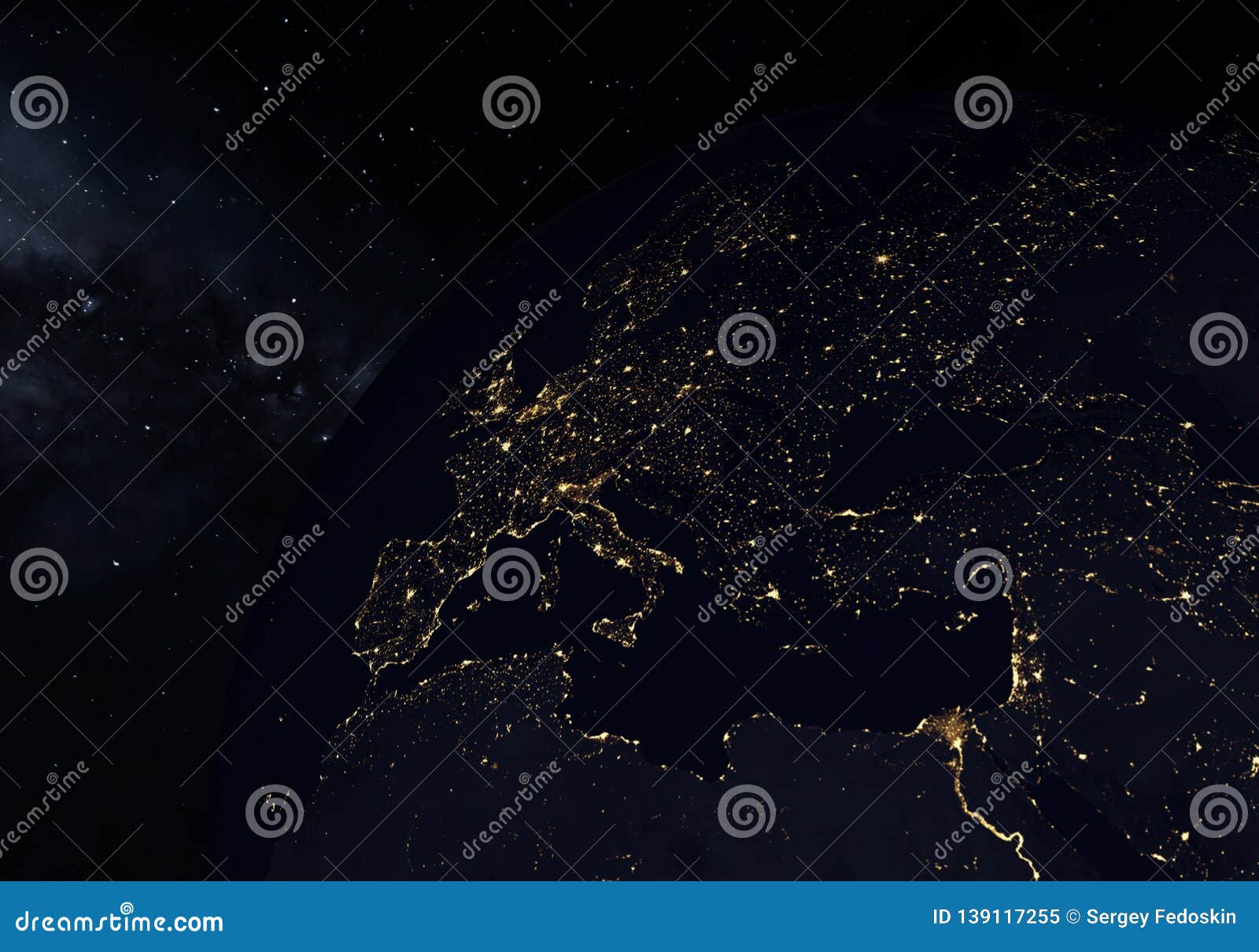 Earth at Night, City Lights from Orbit. 3D Illustration Stock