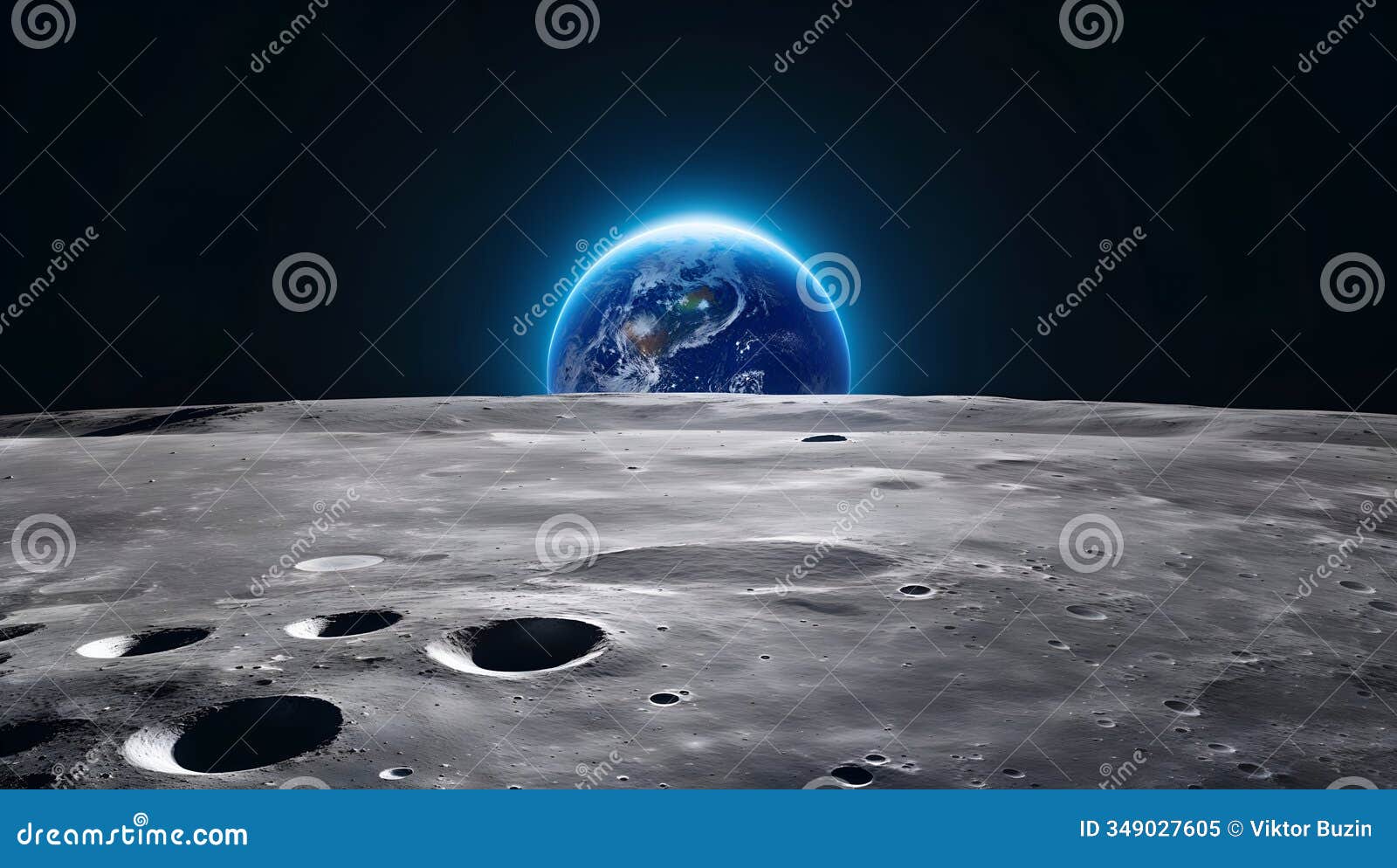 earth rising above the lunar landscape captured from the moon 's surface at twilight