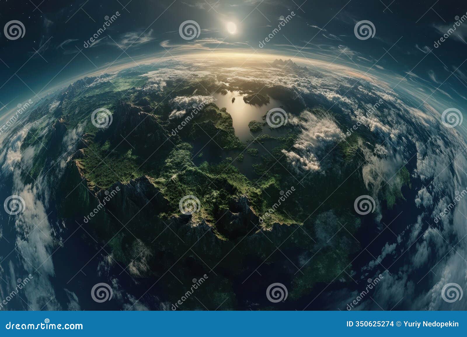 earth from space showing the curvature, clouds, and sunlight at dawn