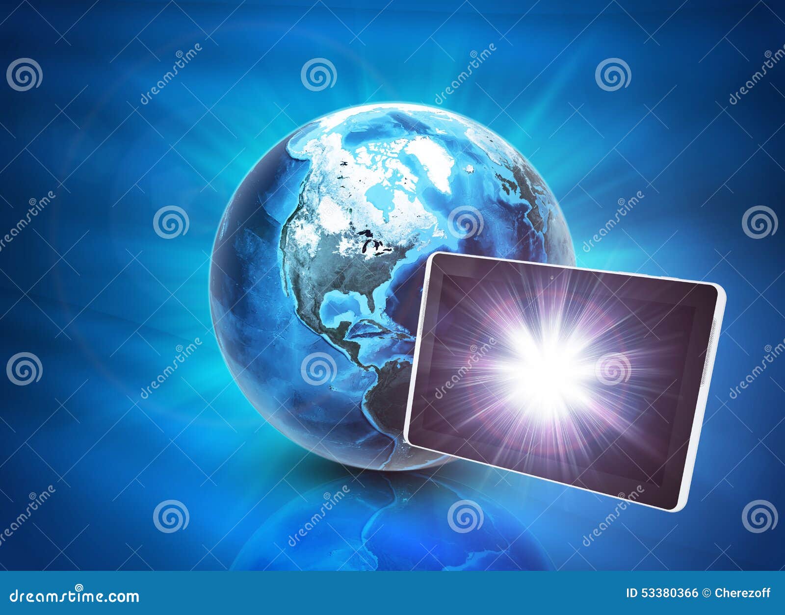 Earth and Tablet on Abstract Blue Background Stock Illustration Illustration of world,