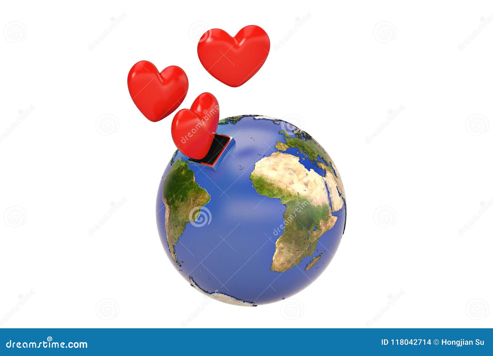 Earth with Three Red Hearts on White Background.3D Illustration. Stock ...