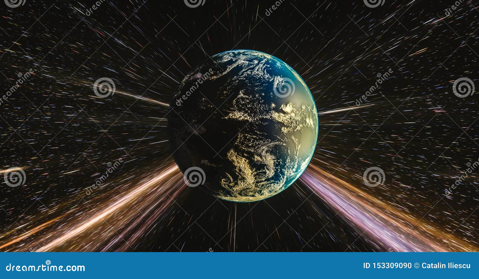 earth traveling though space with light trails of the galaxy