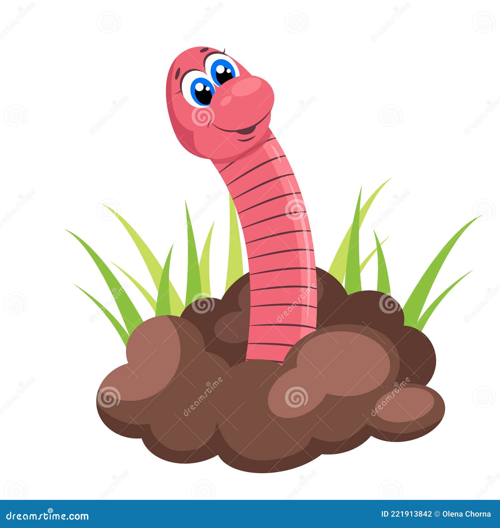 Earth Worm Coming Out of the Ground. Green Grass. Flat Farming and