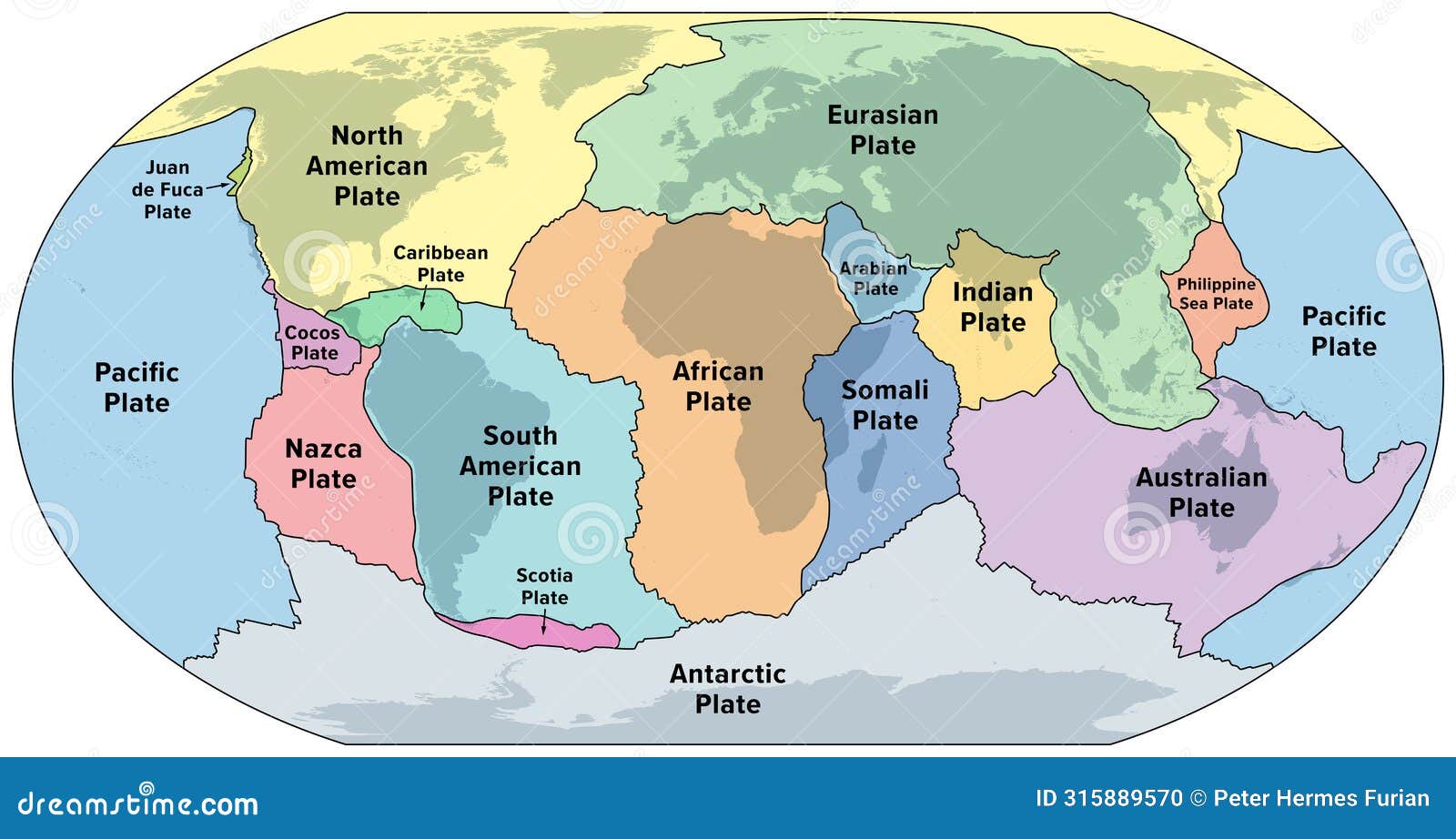 principal tectonic plates of the earth, world map