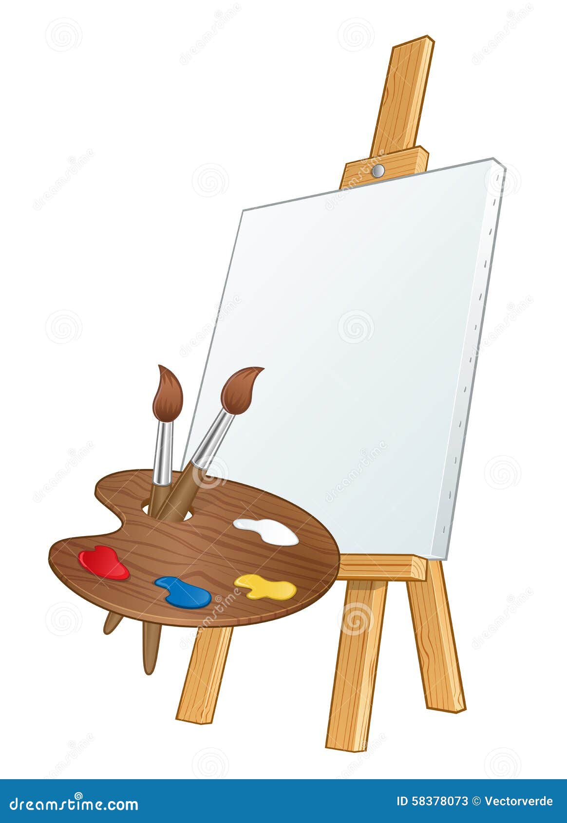 Oil Painting. Easel And Blank Canvas. Palette With Paints And Brushes.  Squeeze Out Oil Paints On A Palette And Pieces Of Canvas. Clean Canvas With  Copy Space Close Up. Stock Photo, Picture