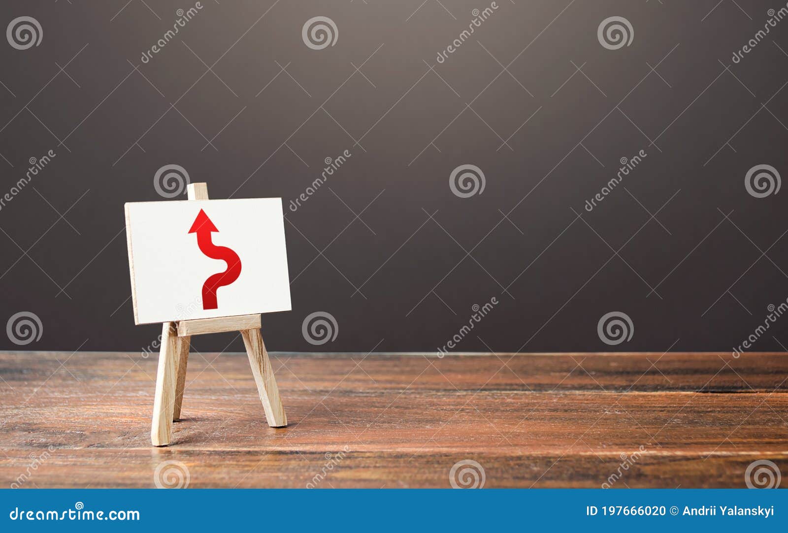 an easel with a red arrow avoiding an obstacle. deviation from the route. inevitability and inability to delay the inevitable.