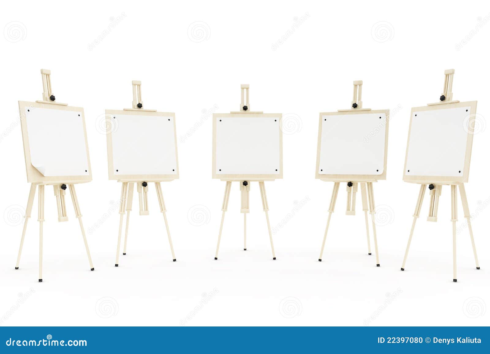 Five wooden easels on the white background