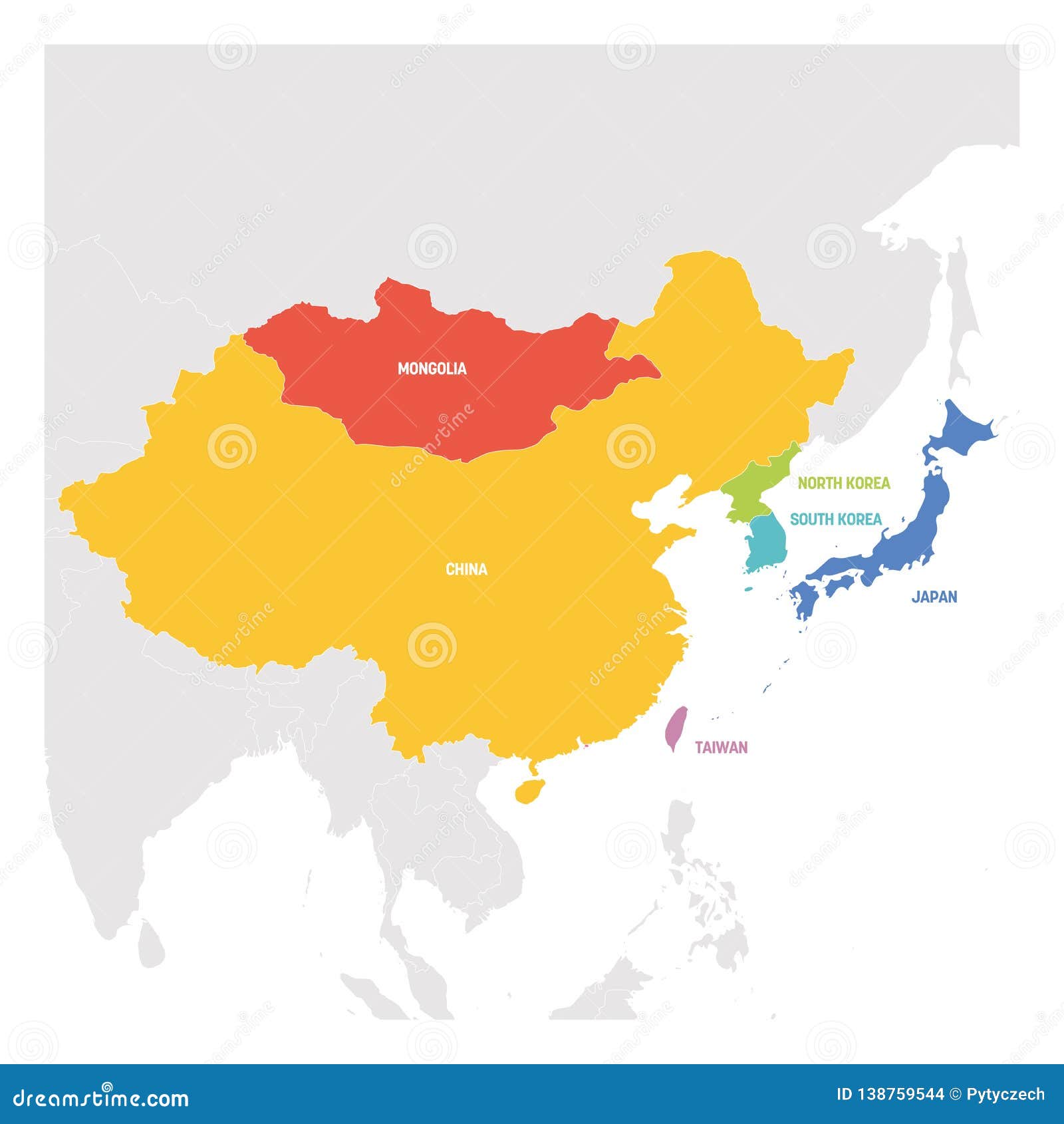 East Asia Region Colorful Map Of Countries In Eastern Asia Vector