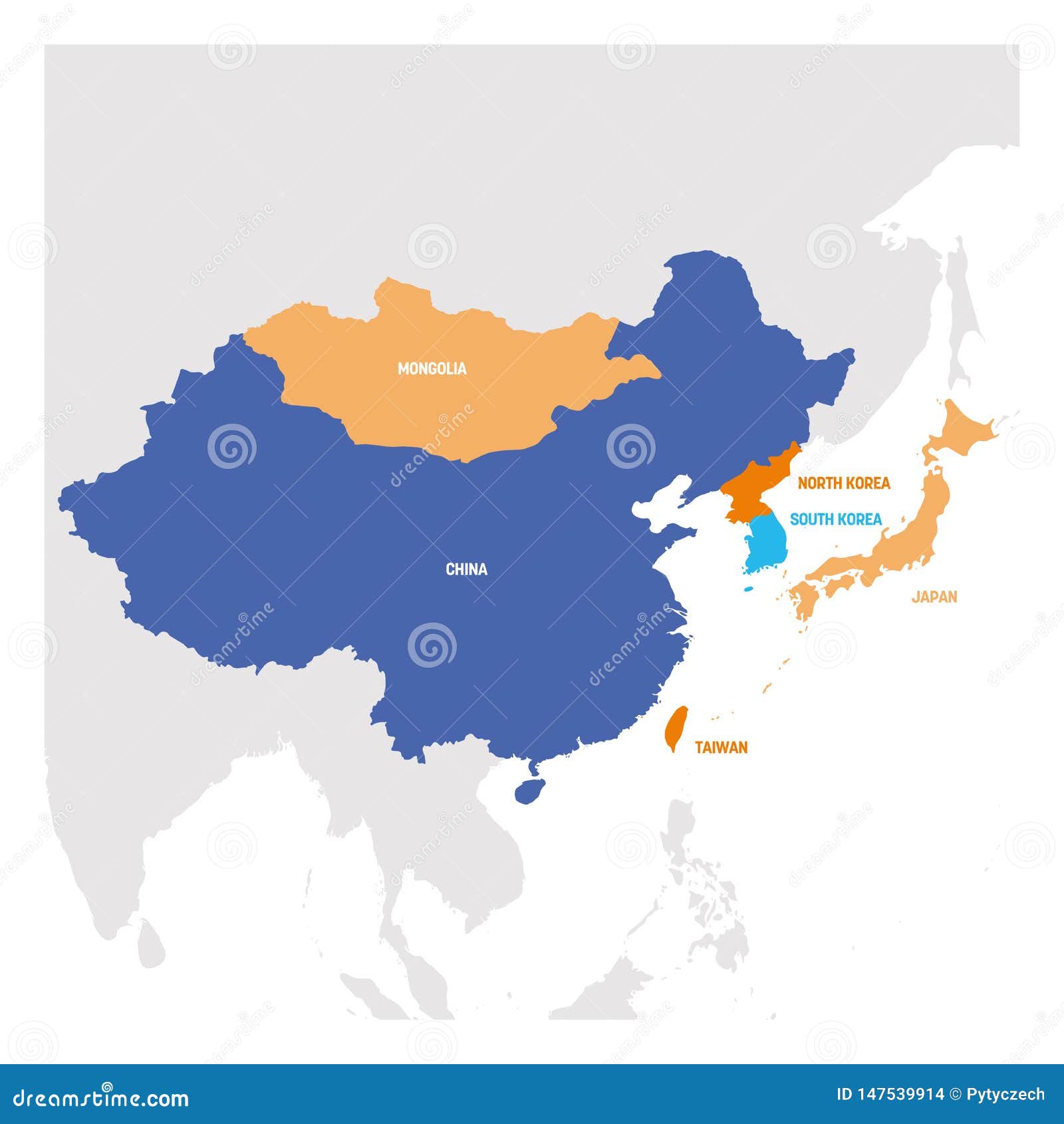 East Asia Region Map Of Countries In Eastern Asia Vector Illustration