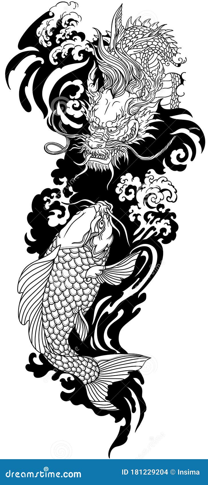 east asian dragon and koi carp. black and white tattoo