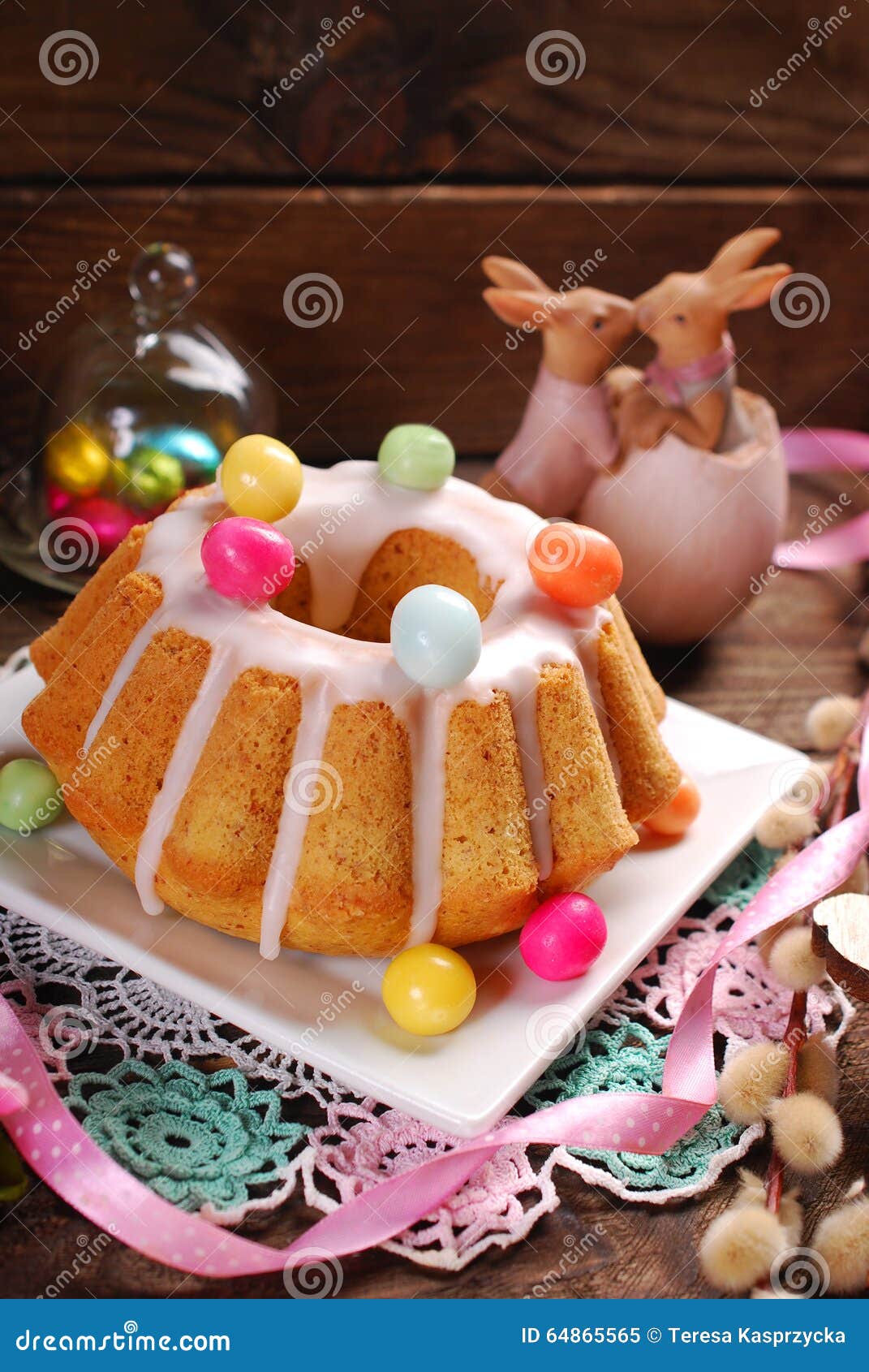 Easter Almond Ring Cake on Wooden Table Stock Image - Image of almond ...