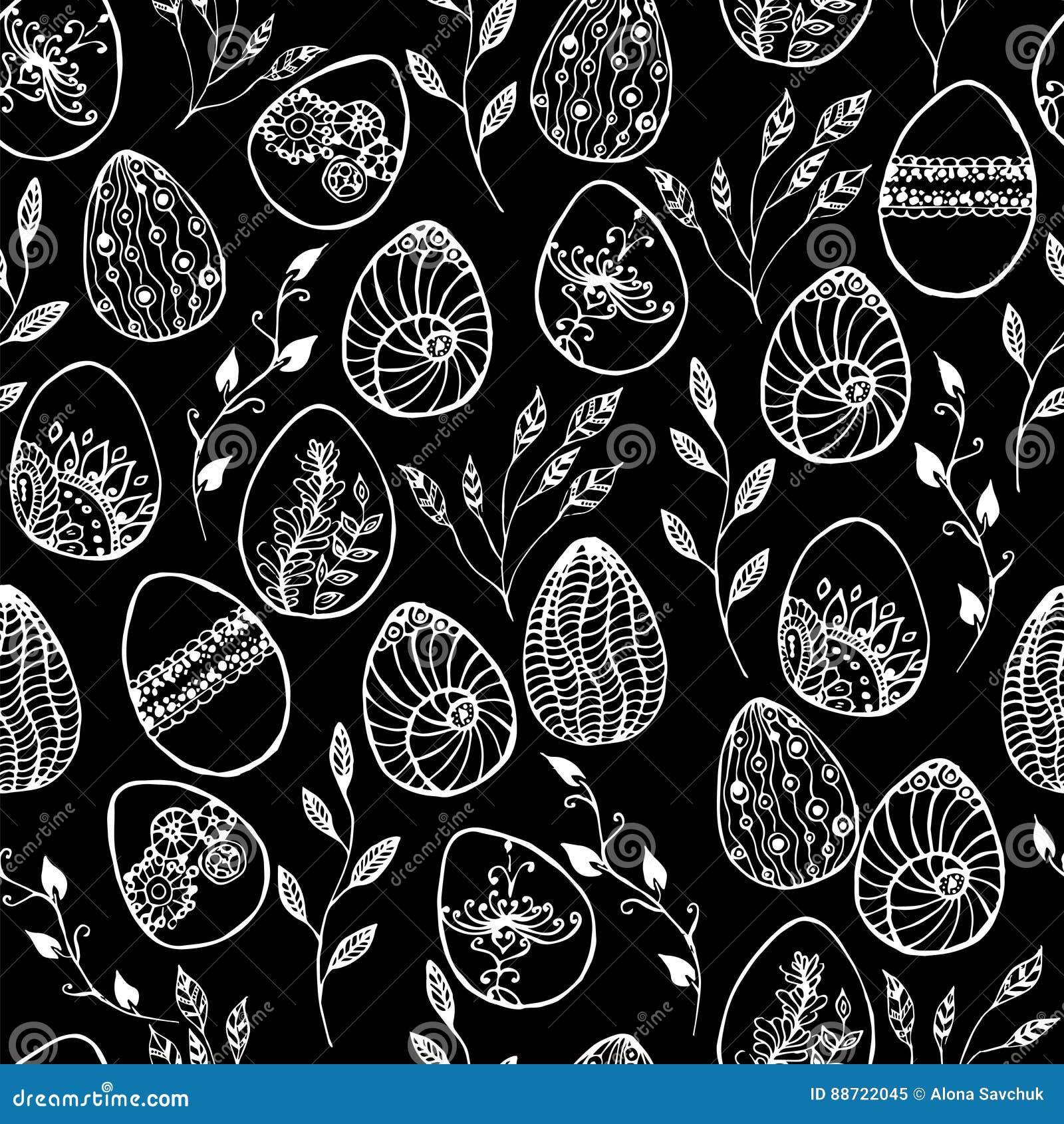 Easter Background with Eggs Hand Drawn Black on White Background Stock