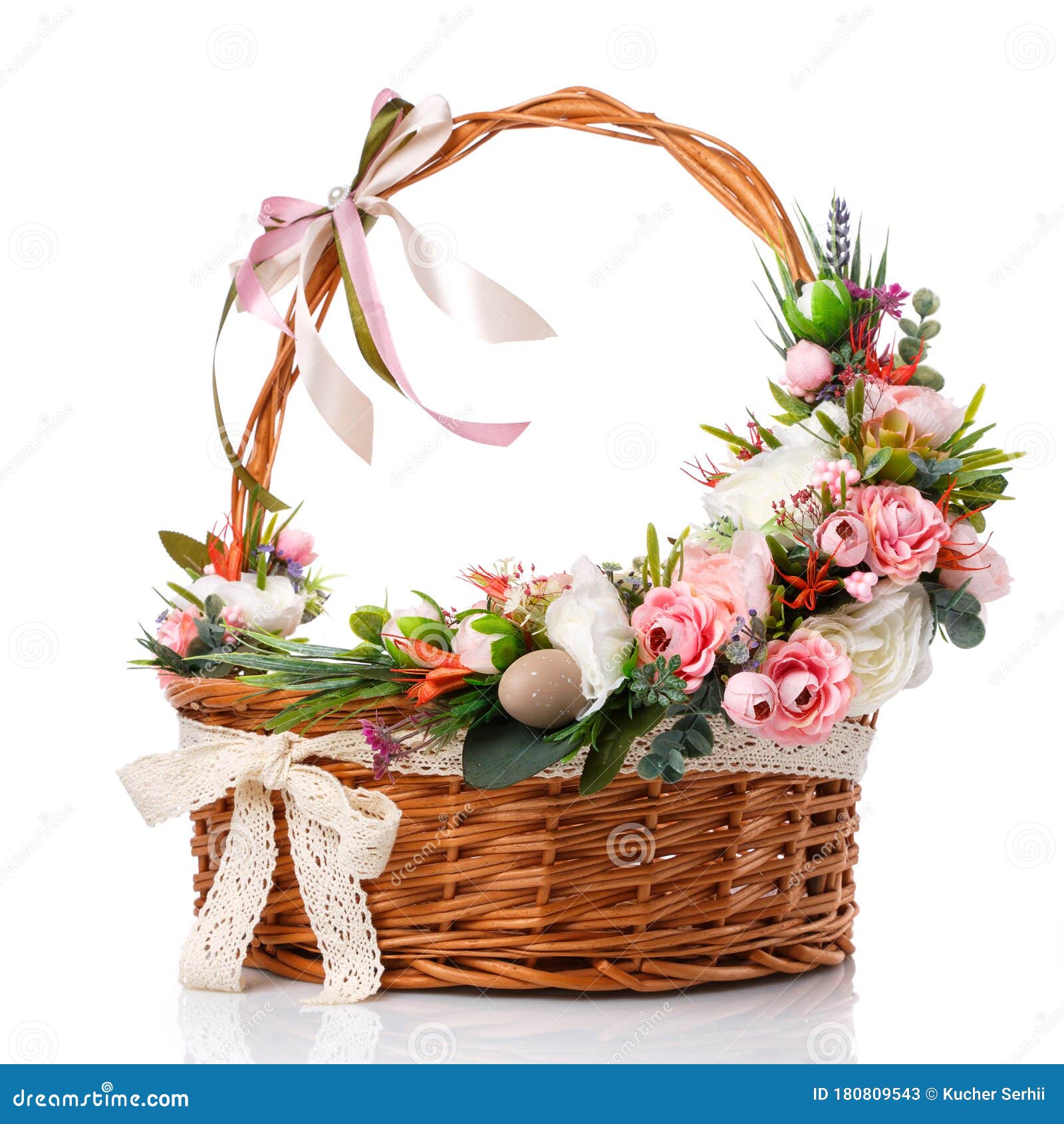Easter Basket. Brown Wicker Basket With Colorful Floral