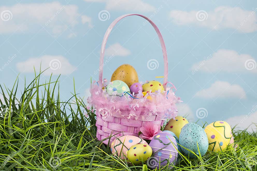 Easter Basket and Decorated Eggs in Grass Stock Photo Image of open