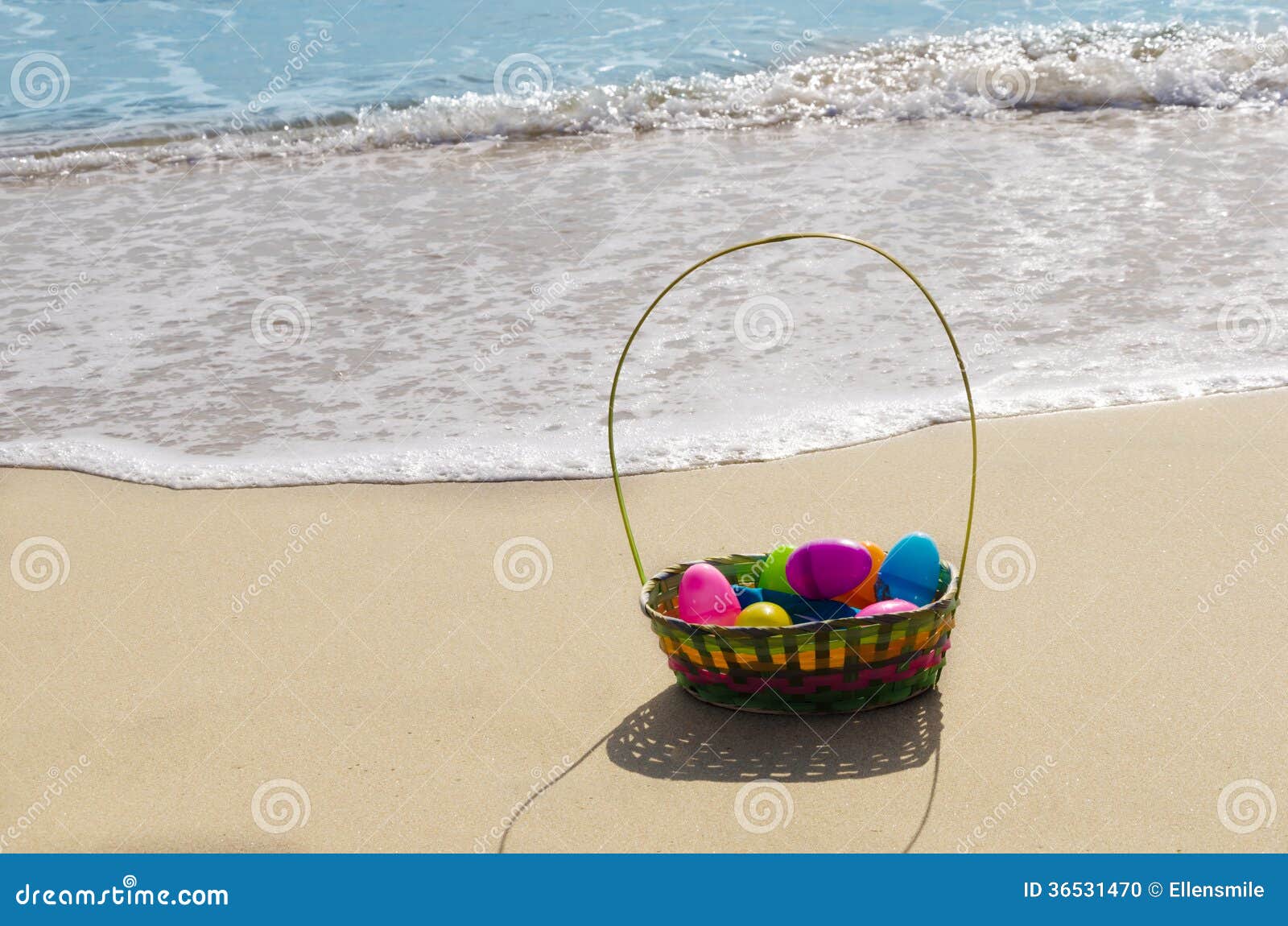 Easter Basket with Eggs on the Beach Stock Photo Image of blue